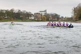 The Boat Race season 2017 - Women's Boat Race Fixture CUWBC vs Univerity of London: The CUWBC eight, leading by well over a length after Barnes Bridge during the 2nd piece of the fixture.
River Thames between Putney Bridge and Mortlake,
London SW15,

United Kingdom,
on 19 February 2017 at 16:25, image #132