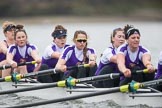 Photo 1702191625511X27802HaraldJoergens The Boat Race season 2017 - Women's Boat Race Fixture CUWBC vs Univerity of London: The UL boat, here bow - Emily Wilks, 2 - Catherine Ador, 3 - Fionnuala Gannon, 4 - Sara Parfett, 5 - Charlotte Hodgkins-Byrne, 6 - Georgia Stratham.
River Thames between Putney Bridge and Mortlake,
London SW15,
United Kingdom,
on 19 February 2017 at 16:25, image #137