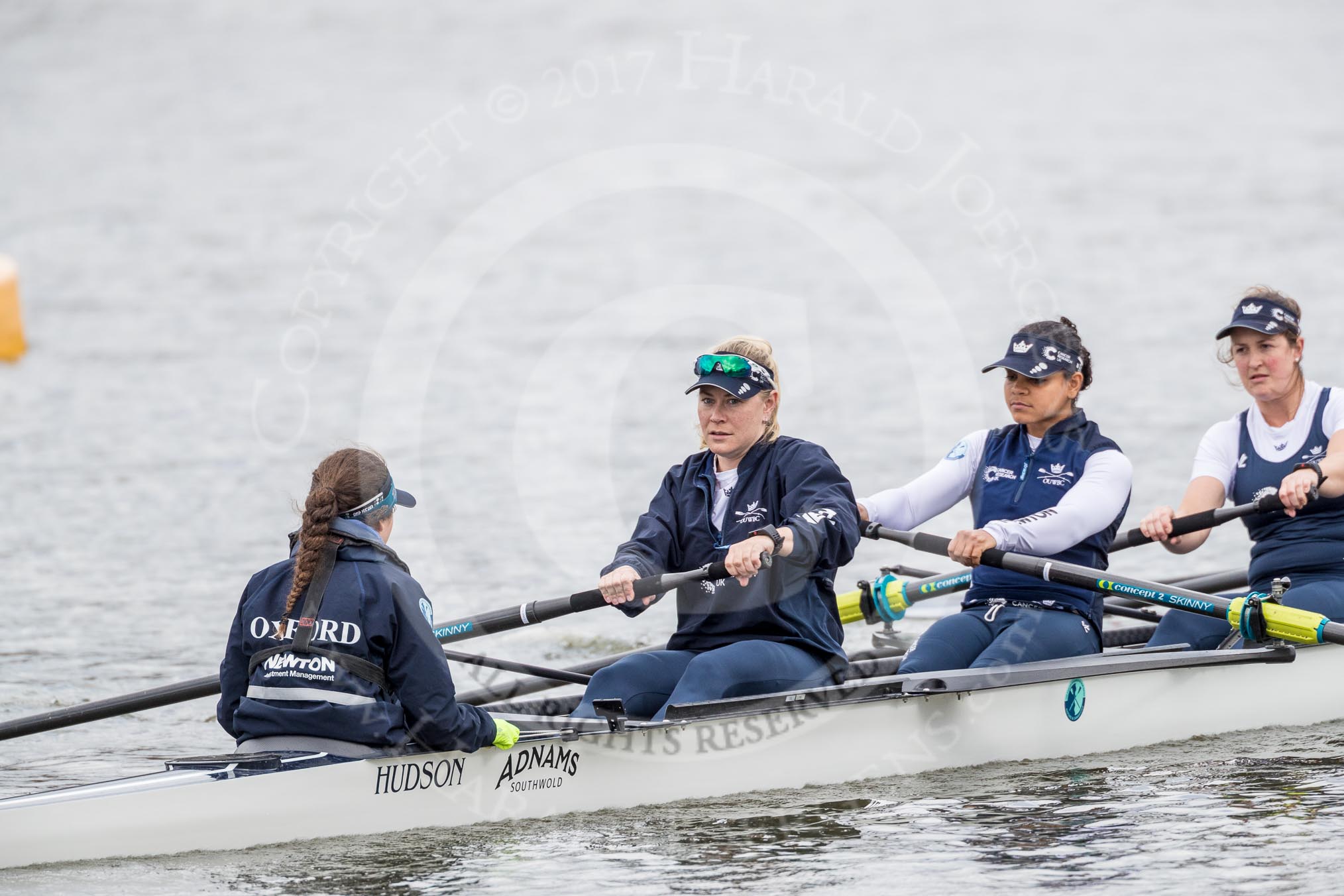 The Cancer Research UK Boat Race season 2017 - Women's Boat Race Fixture OUWBC vs Molesey BC: The OUWBC boat, here cox Eleanor Shearer, stroke Emily Cameron, 7 seat Jenna Hebert, and 6 seat Harriet Austin.
River Thames between Putney Bridge and Mortlake,
London SW15,

United Kingdom,
on 19 March 2017 at 15:21, image #19