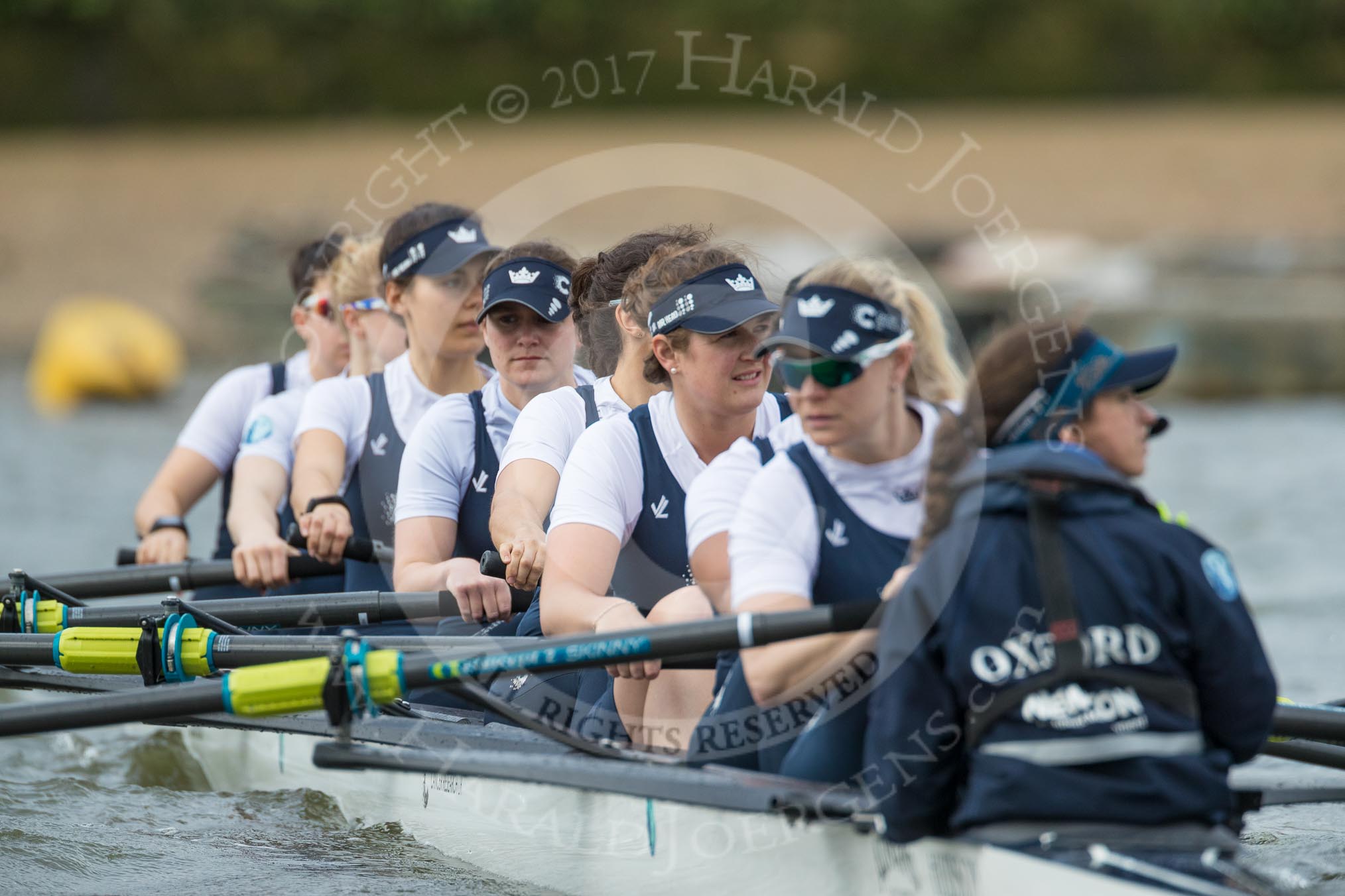 The Cancer Research UK Boat Race season 2017 - Women's Boat Race Fixture OUWBC vs Molesey BC: The OUWBC boat before the start of the race - bow Alice Roberts, 2 Beth Bridgman, 3 Rebecca Te Water Naude, 4 Rebecca Esselstein, 5 Chloe Laverack, 6 Harriet Austin, 7 Jenna Hebert, stroke Emily Cameron, cox Eleanor Shearer.
River Thames between Putney Bridge and Mortlake,
London SW15,

United Kingdom,
on 19 March 2017 at 15:55, image #39