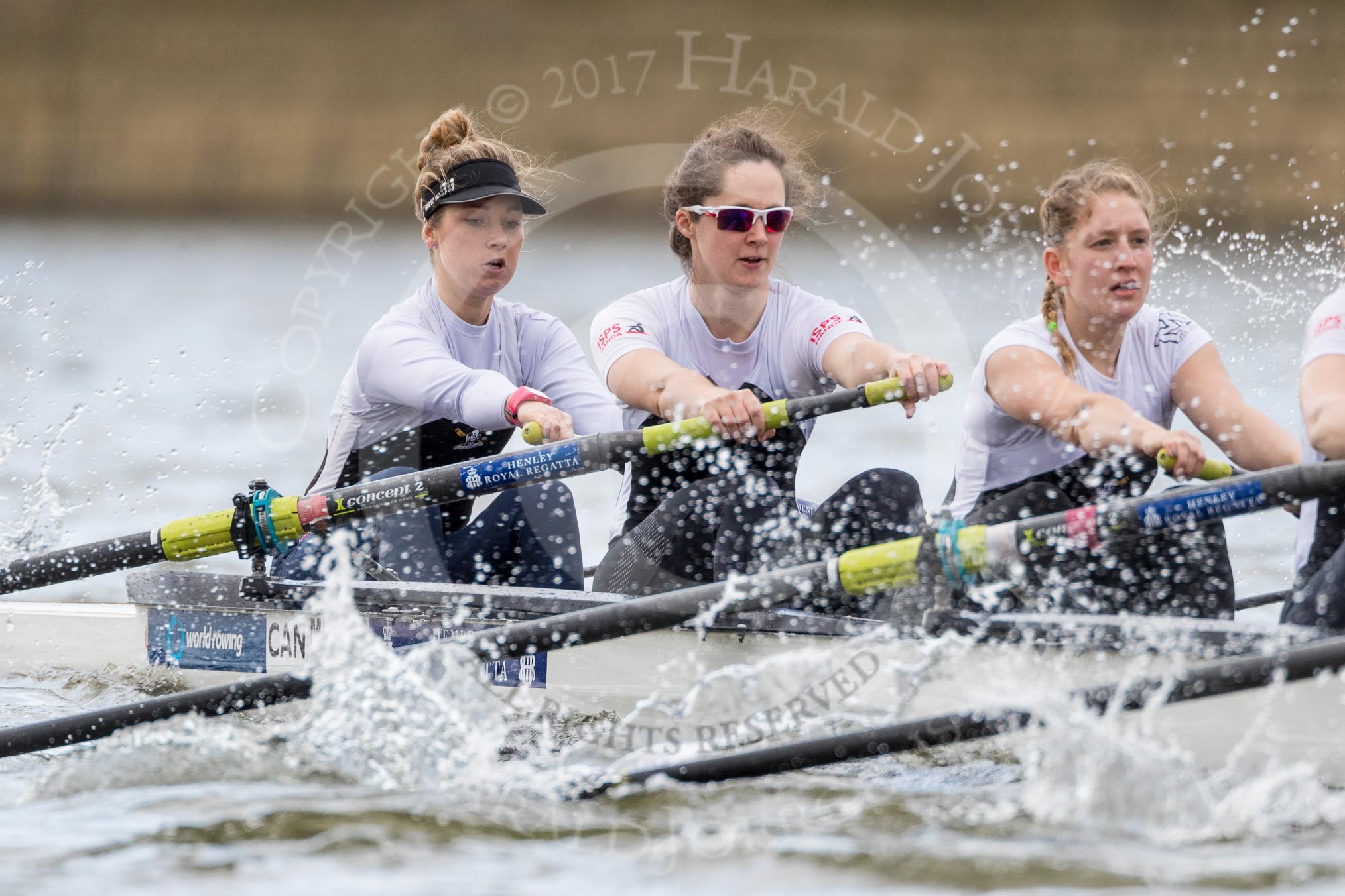 The Cancer Research UK Boat Race season 2017 - Women's Boat Race Fixture OUWBC vs Molesey BC: Molesey at the start of the race, here bow Emma McDonald, 2 Caitlin Boyland, 3 Lucy Primmer.
River Thames between Putney Bridge and Mortlake,
London SW15,

United Kingdom,
on 19 March 2017 at 16:01, image #51