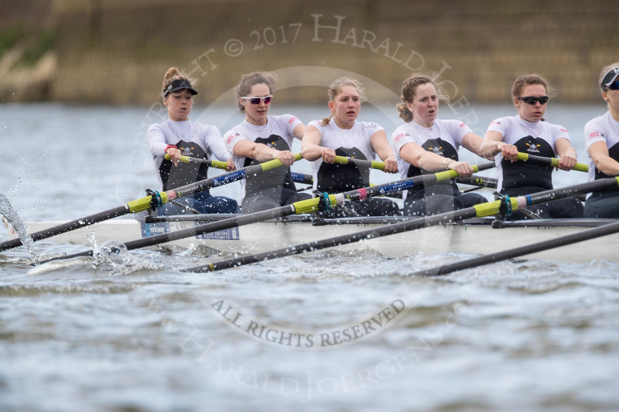 The Cancer Research UK Boat Race season 2017 - Women's Boat Race Fixture OUWBC vs Molesey BC: Molesey in the early phase of the race - bow Emma McDonald, 2 Caitlin Boyland, 3 Lucy Primmer, 4 Claire McKeown, 5 Katie Bartlett, 6 Elo Luik, 7 Gabriella Rodriguez, stroke Ruth Whyman, cox Anna Corderoy.
River Thames between Putney Bridge and Mortlake,
London SW15,

United Kingdom,
on 19 March 2017 at 16:01, image #55