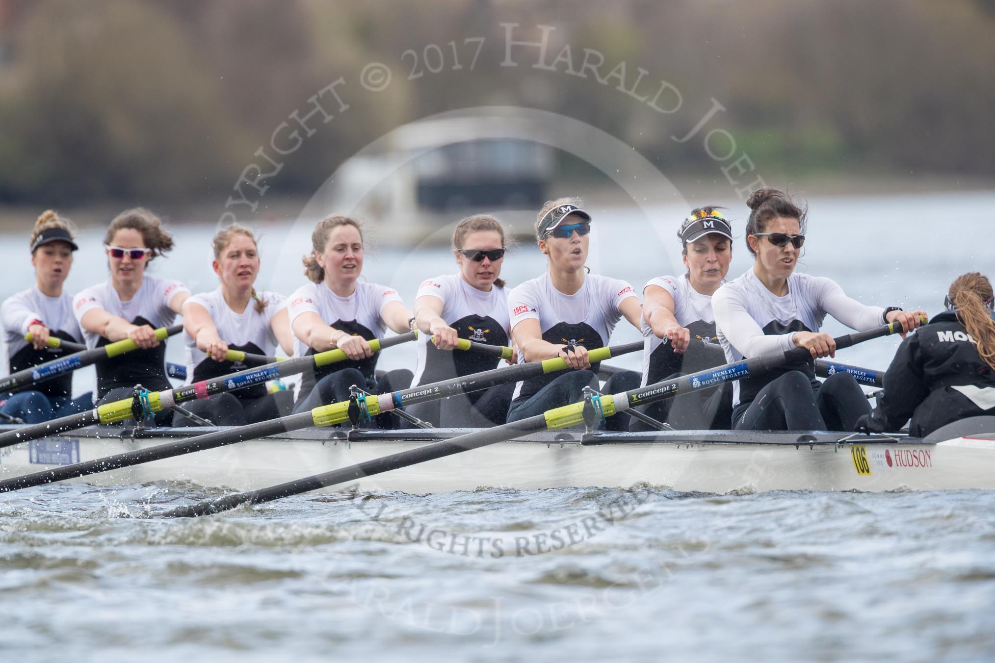 The Cancer Research UK Boat Race season 2017 - Women's Boat Race Fixture OUWBC vs Molesey BC: Molesey in the early phase of the race - bow Emma McDonald, 2 Caitlin Boyland, 3 Lucy Primmer, 4 Claire McKeown, 5 Katie Bartlett, 6 Elo Luik, 7 Gabriella Rodriguez, stroke Ruth Whyman, cox Anna Corderoy.
River Thames between Putney Bridge and Mortlake,
London SW15,

United Kingdom,
on 19 March 2017 at 16:02, image #57