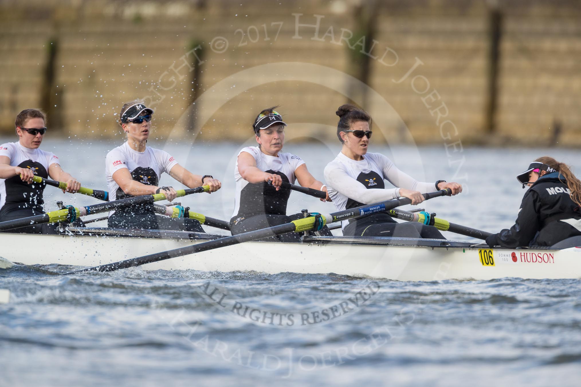 The Cancer Research UK Boat Race season 2017 - Women's Boat Race Fixture OUWBC vs Molesey BC: Molesey in the early phase of the race - 5 Katie Bartlett, 6 Elo Luik, 7 Gabriella Rodriguez, stroke Ruth Whyman, cox Anna Corderoy.
River Thames between Putney Bridge and Mortlake,
London SW15,

United Kingdom,
on 19 March 2017 at 16:03, image #64