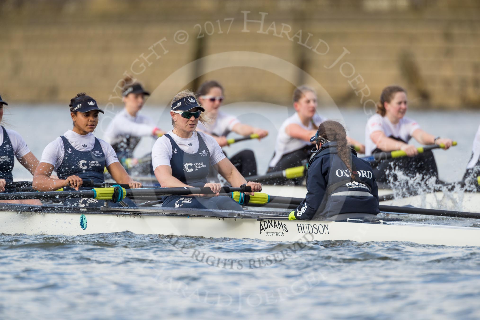 The Cancer Research UK Boat Race season 2017 - Women's Boat Race Fixture OUWBC vs Molesey BC: OUWBC with a lead of around half a length in the milepost area.
River Thames between Putney Bridge and Mortlake,
London SW15,

United Kingdom,
on 19 March 2017 at 16:03, image #66