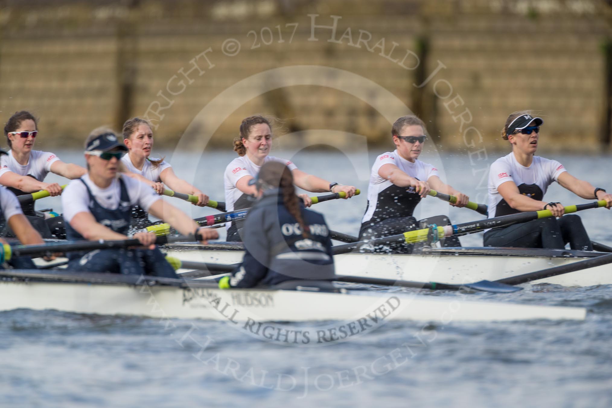 The Cancer Research UK Boat Race season 2017 - Women's Boat Race Fixture OUWBC vs Molesey BC: OUWBC with a lead of around half a length in the milepost area.
River Thames between Putney Bridge and Mortlake,
London SW15,

United Kingdom,
on 19 March 2017 at 16:03, image #67
