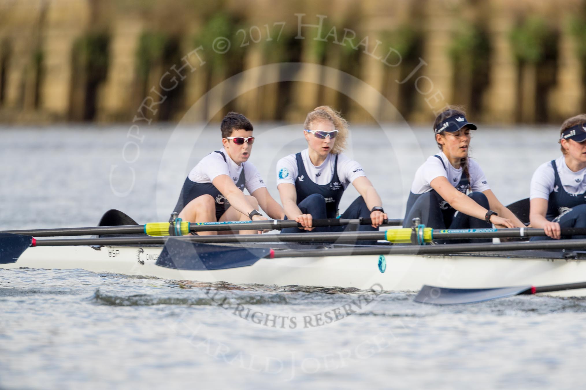 The Cancer Research UK Boat Race season 2017 - Women's Boat Race Fixture OUWBC vs Molesey BC: The OUWBC boat, here bow Alice Roberts, 2 Beth Bridgman, 3 Rebecca Te Water Naude, 4 Rebecca Esselstein.
River Thames between Putney Bridge and Mortlake,
London SW15,

United Kingdom,
on 19 March 2017 at 16:04, image #71