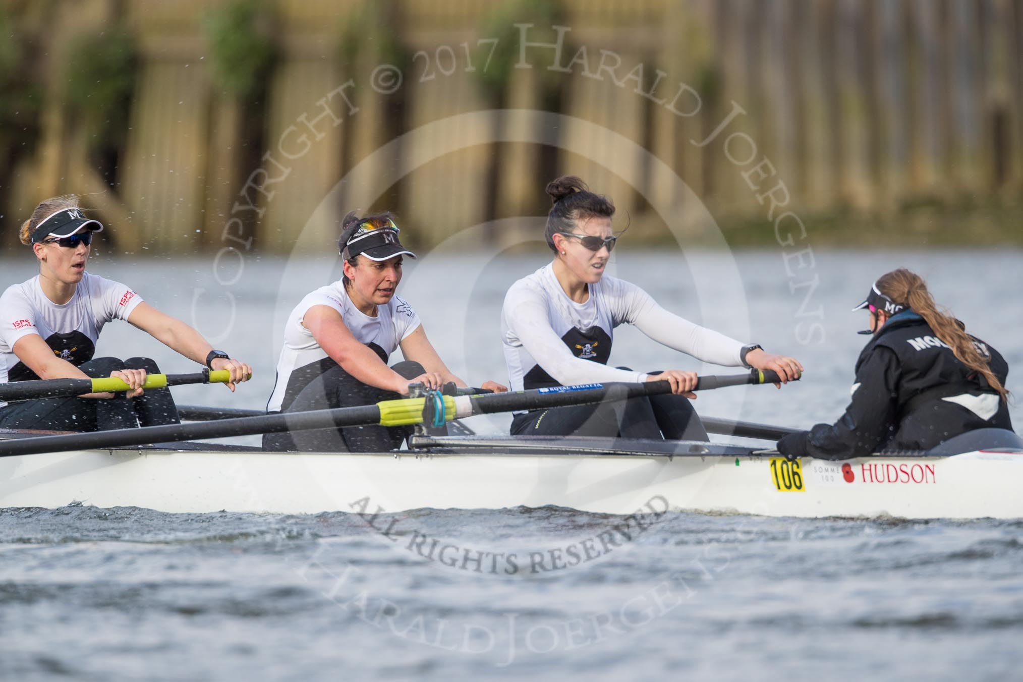 The Cancer Research UK Boat Race season 2017 - Women's Boat Race Fixture OUWBC vs Molesey BC: The Molesey boat, here 6 Elo Luik, 7 Gabriella Rodriguez, stroke Ruth Whyman, cox Anna Corderoy.
River Thames between Putney Bridge and Mortlake,
London SW15,

United Kingdom,
on 19 March 2017 at 16:04, image #78