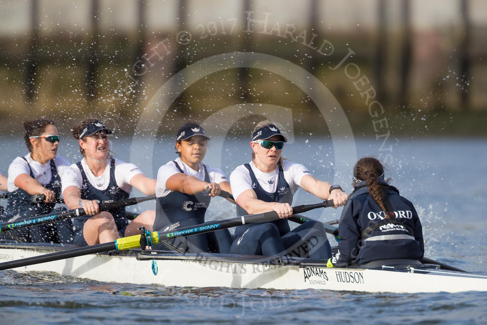 The Cancer Research UK Boat Race season 2017 - Women's Boat Race Fixture OUWBC vs Molesey BC: The OUWBC boat - here 5 Chloe Laverack, 6 Harriet Austin, 7 Jenna Hebert, stroke Emily Cameron, cox Eleanor Shearer.
River Thames between Putney Bridge and Mortlake,
London SW15,

United Kingdom,
on 19 March 2017 at 16:05, image #85