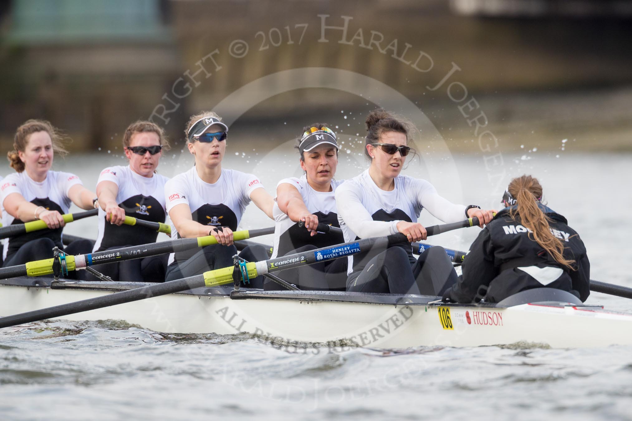 The Cancer Research UK Boat Race season 2017 - Women's Boat Race Fixture OUWBC vs Molesey BC: The Molesey boat, here 4 Claire McKeown, 5 Katie Bartlett, 6 Elo Luik, 7 Gabriella Rodriguez, stroke Ruth Whyman, cox Anna Corderoy.
River Thames between Putney Bridge and Mortlake,
London SW15,

United Kingdom,
on 19 March 2017 at 16:07, image #99
