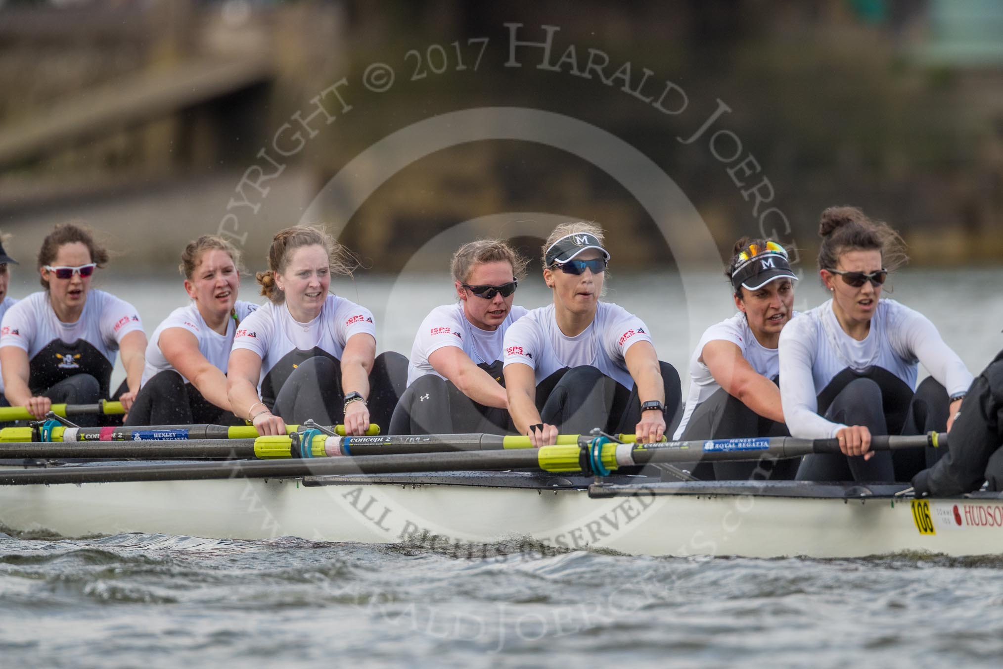 The Cancer Research UK Boat Race season 2017 - Women's Boat Race Fixture OUWBC vs Molesey BC: The Molesey boat, here 2 Caitlin Boyland, 3 Lucy Primmer, 4 Claire McKeown, 5 Katie Bartlett, 6 Elo Luik, 7 Gabriella Rodriguez, stroke Ruth Whyman.
River Thames between Putney Bridge and Mortlake,
London SW15,

United Kingdom,
on 19 March 2017 at 16:07, image #101