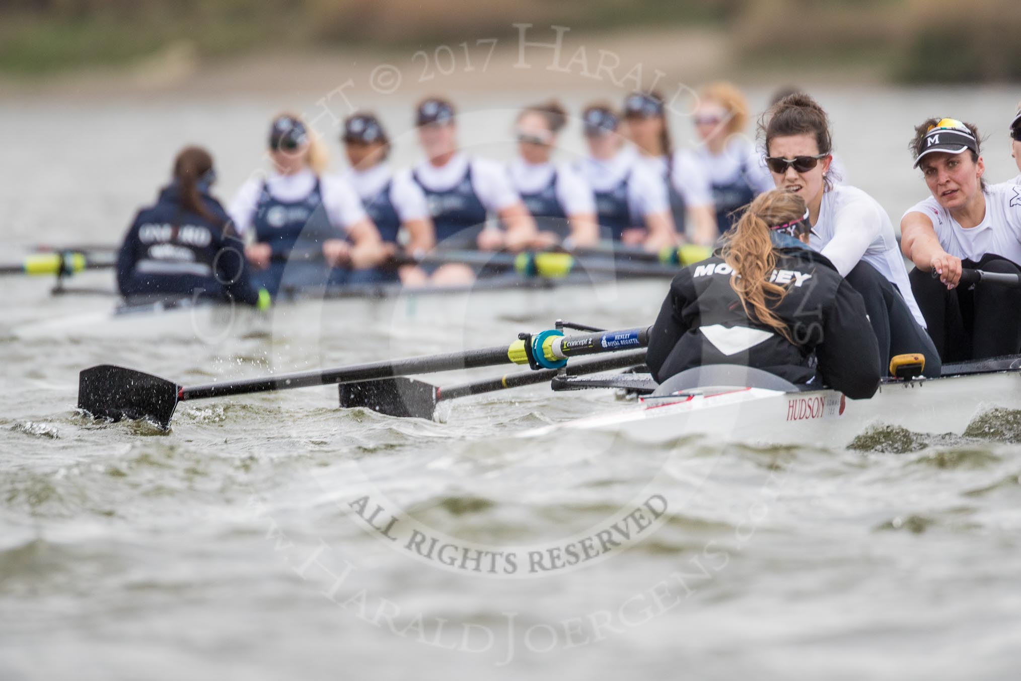 The Cancer Research UK Boat Race season 2017 - Women's Boat Race Fixture OUWBC vs Molesey BC: The Molesey Eight, a bit behind OUWBC - cox Anna Corderoy, stroke Ruth Whyman, 7 Gabriella Rodriguez.
River Thames between Putney Bridge and Mortlake,
London SW15,

United Kingdom,
on 19 March 2017 at 16:09, image #108
