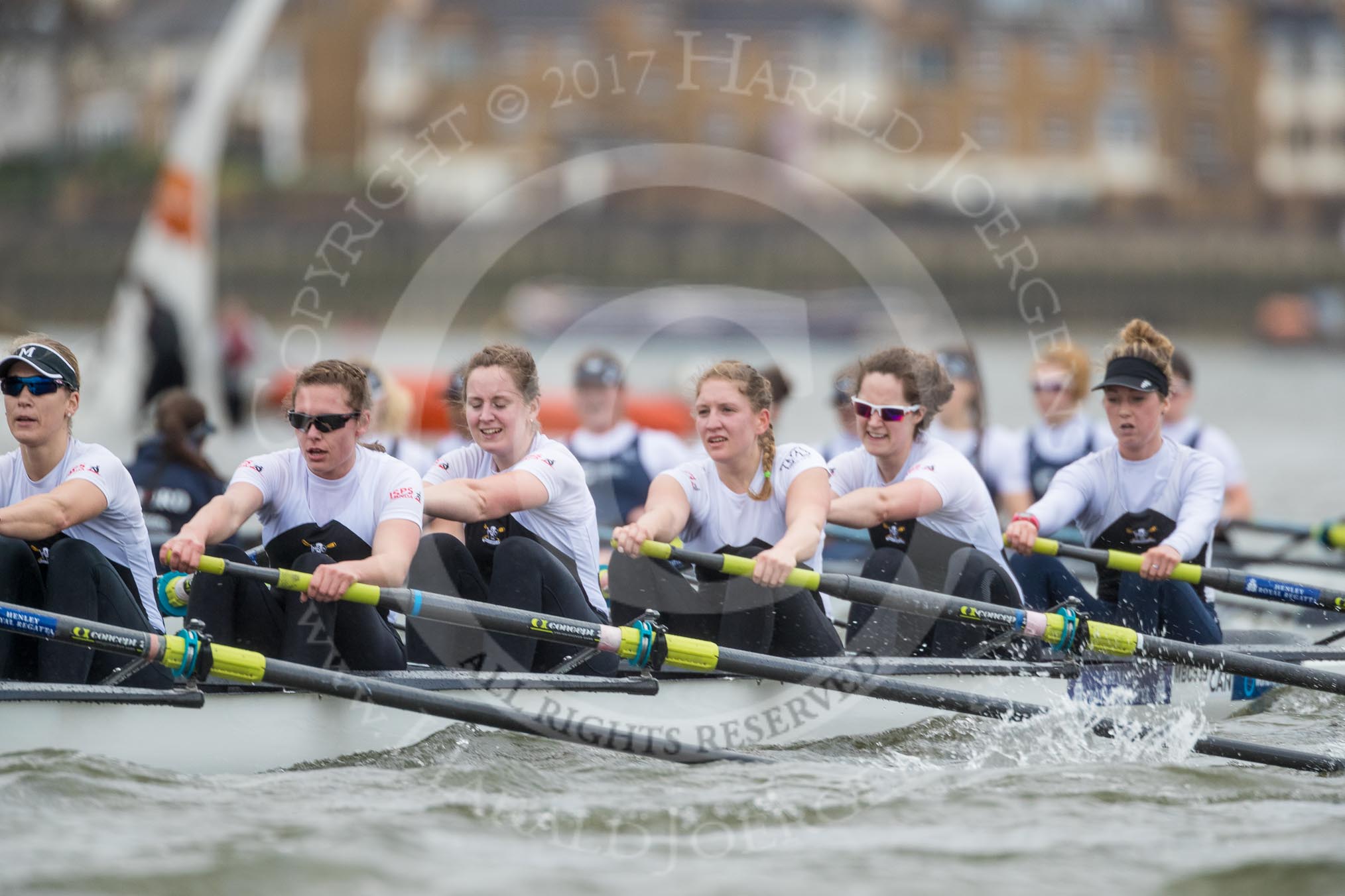 The Cancer Research UK Boat Race season 2017 - Women's Boat Race Fixture OUWBC vs Molesey BC: The Molesey Eight, a bit behind OUWBC - 6 Elo Luik, 5 Katie Bartlett, 4 Claire McKeown, 3 Lucy Primmer, 2 Caitlin Boyland, bow Emma McDonald.
River Thames between Putney Bridge and Mortlake,
London SW15,

United Kingdom,
on 19 March 2017 at 16:10, image #110