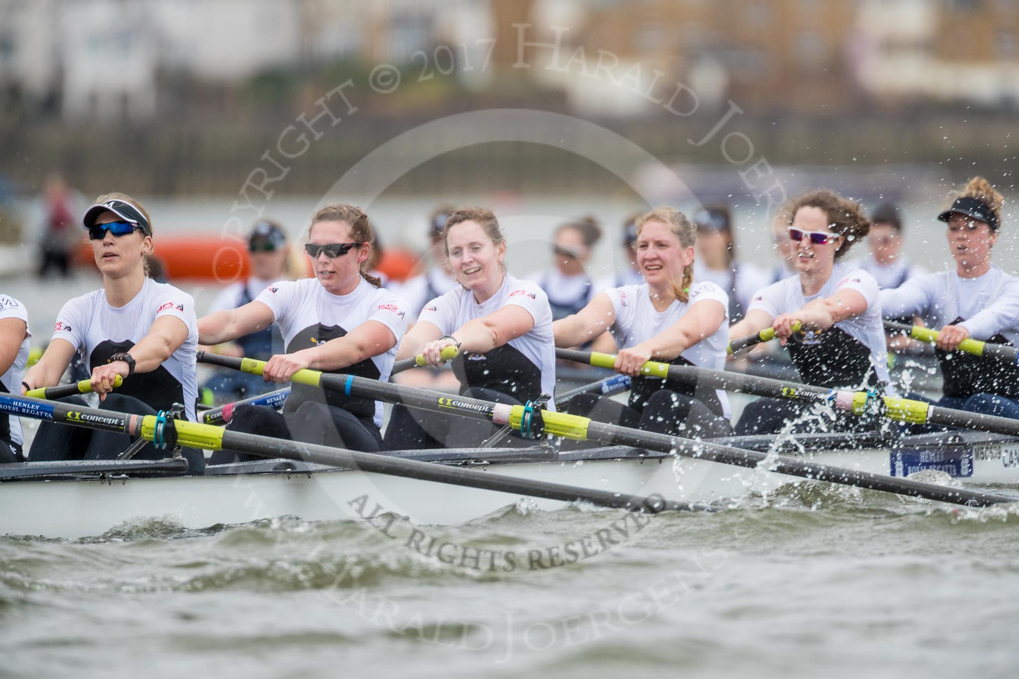 The Cancer Research UK Boat Race season 2017 - Women's Boat Race Fixture OUWBC vs Molesey BC: The Molesey Eight, a bit behind OUWBC - 6 Elo Luik, 5 Katie Bartlett, 4 Claire McKeown, 3 Lucy Primmer, 2 Caitlin Boyland, bow Emma McDonald.
River Thames between Putney Bridge and Mortlake,
London SW15,

United Kingdom,
on 19 March 2017 at 16:10, image #111