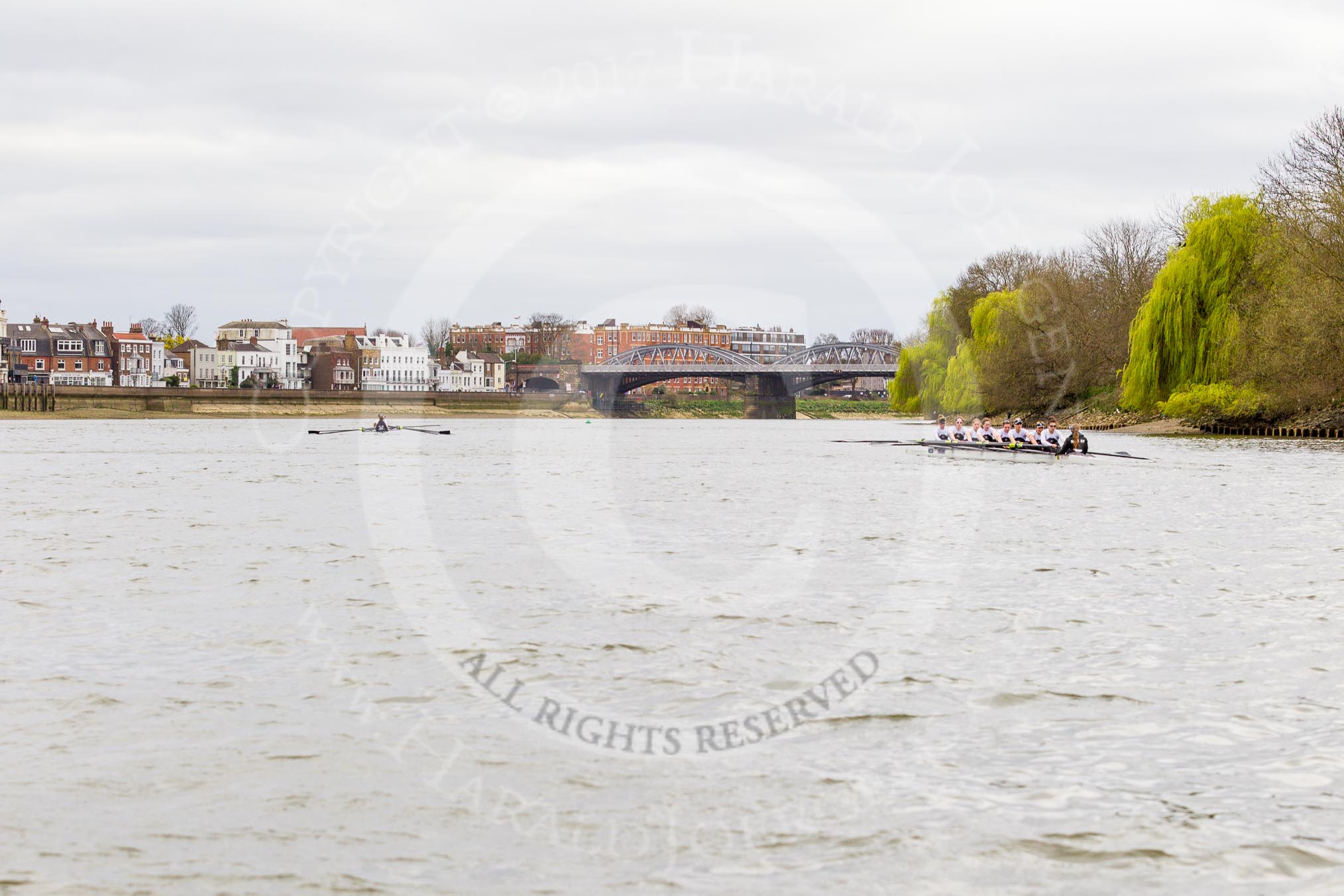 The Cancer Research UK Boat Race season 2017 - Women's Boat Race Fixture OUWBC vs Molesey BC: OUWBC and Molesy about to start the second part of the fixture, near Barnes Railway Bridge.
River Thames between Putney Bridge and Mortlake,
London SW15,

United Kingdom,
on 19 March 2017 at 16:19, image #123