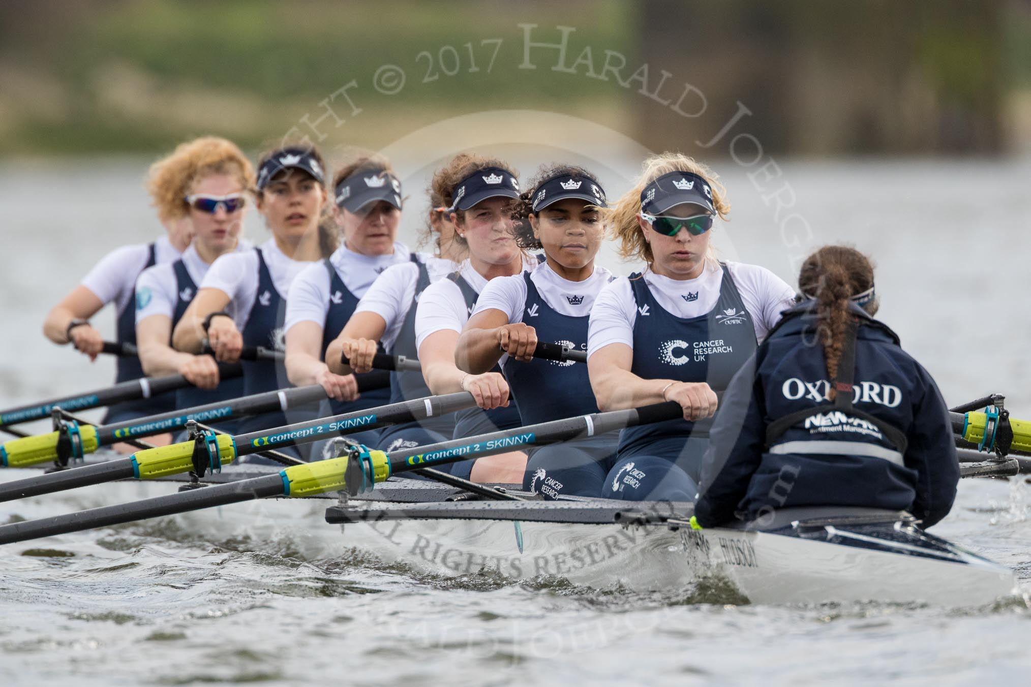 The Cancer Research UK Boat Race season 2017 - Women's Boat Race Fixture OUWBC vs Molesey BC: OUWBC starting at the second part of the fixture - bow Alice Roberts, 2 Beth Bridgman, 3 Rebecca Te Water Naude, 4 Rebecca Esselstein, 5 Chloe Laverack, 6 Harriet Austin, 7 Jenna Hebert, stroke Emily Cameron, cox Eleanor Shearer.
River Thames between Putney Bridge and Mortlake,
London SW15,

United Kingdom,
on 19 March 2017 at 16:21, image #126