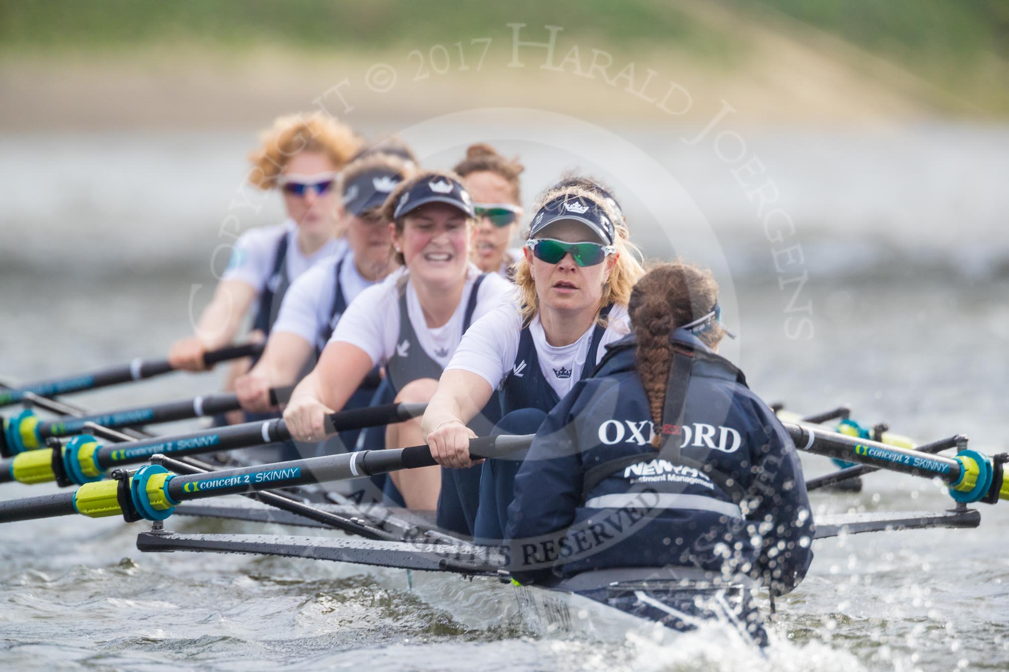 The Cancer Research UK Boat Race season 2017 - Women's Boat Race Fixture OUWBC vs Molesey BC: OUWBC during the second part of the fixture - bow Alice Roberts, 2 Beth Bridgman, 3 Rebecca Te Water Naude, 4 Rebecca Esselstein, 5 Chloe Laverack, 6 Harriet Austin, 7 Jenna Hebert, stroke Emily Cameron, cox Eleanor Shearer.
River Thames between Putney Bridge and Mortlake,
London SW15,

United Kingdom,
on 19 March 2017 at 16:22, image #137