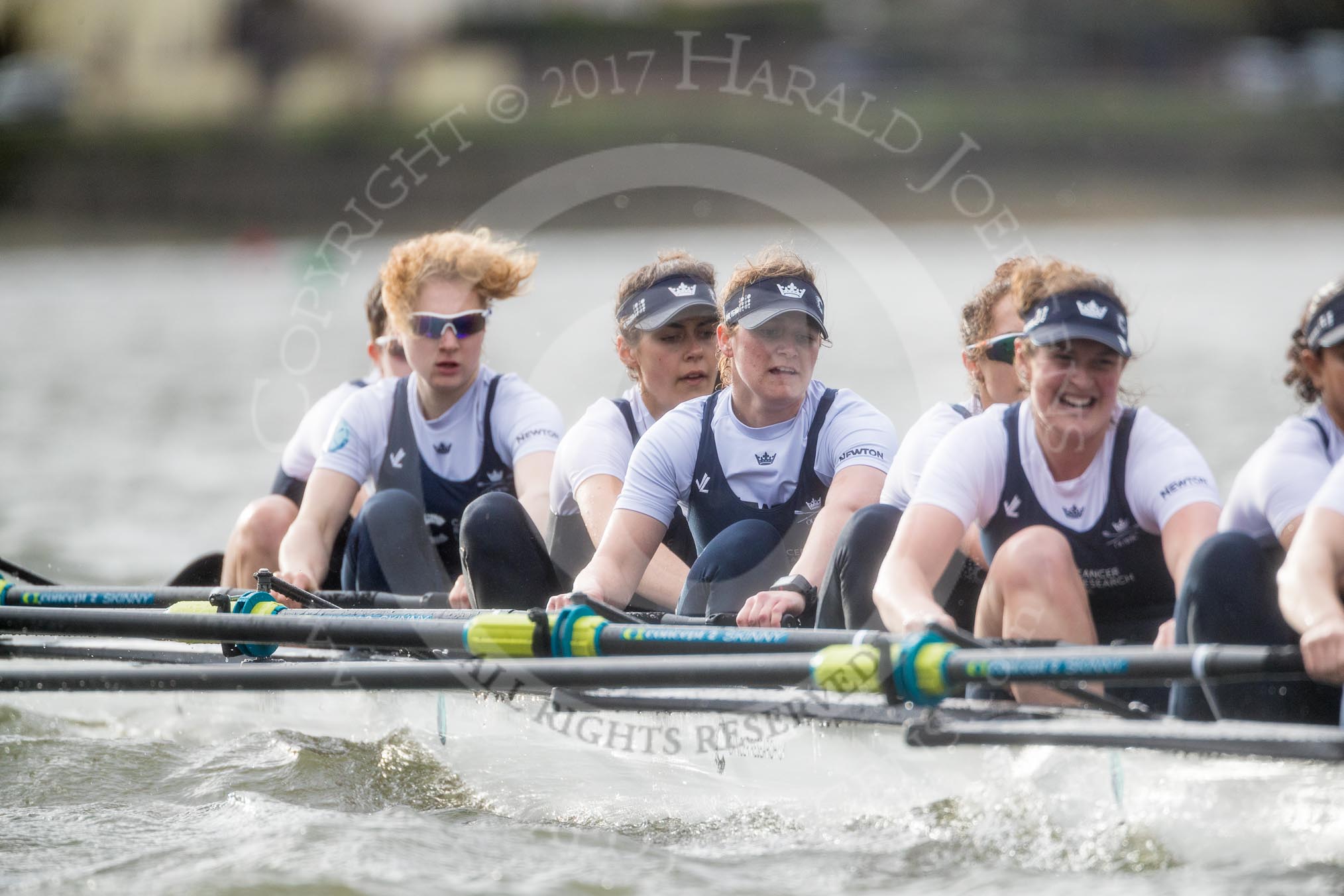 The Cancer Research UK Boat Race season 2017 - Women's Boat Race Fixture OUWBC vs Molesey BC: OUWBC approaching the finish line - bow Alice Roberts, 2 Beth Bridgman, 3 Rebecca Te Water Naude, 4 Rebecca Esselstein, 5 Chloe Laverack, 6 Harriet Austin, 7 Jenna Hebert, stroke Emily Cameron.
River Thames between Putney Bridge and Mortlake,
London SW15,

United Kingdom,
on 19 March 2017 at 16:24, image #149