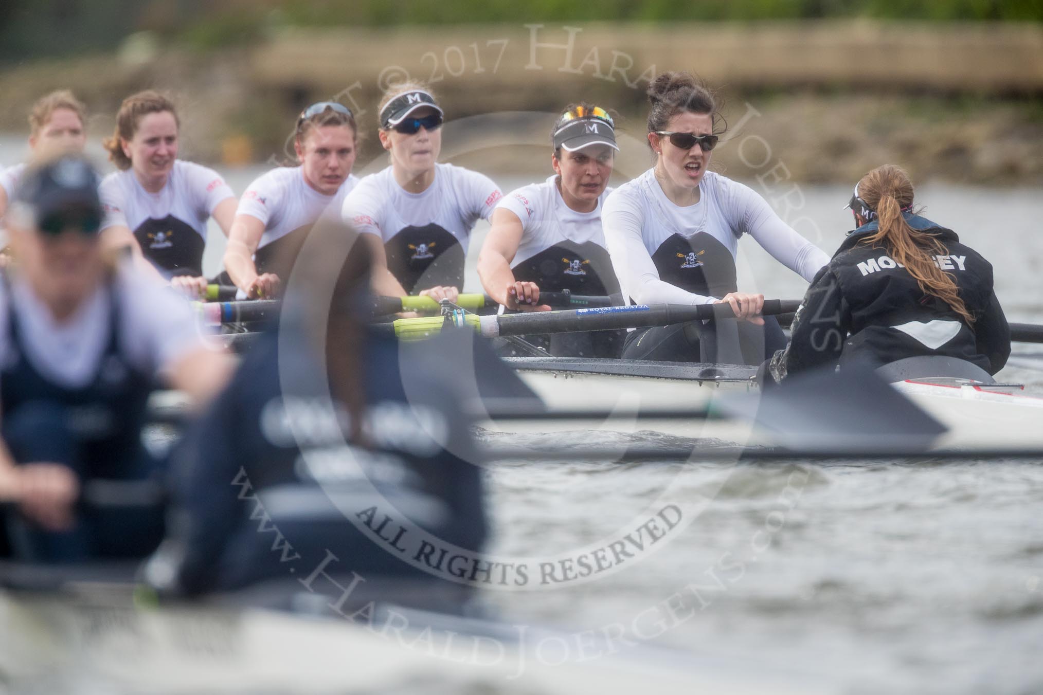 The Cancer Research UK Boat Race season 2017 - Women's Boat Race Fixture OUWBC vs Molesey BC: Molesey still in the lead close to the finish line - 3 Lucy Primmer, 4 Claire McKeown, 5 Katie Bartlett, 6 Elo Luik, 7 Gabriella Rodriguez, stroke Ruth Whyman, cox Anna Corderoy.
River Thames between Putney Bridge and Mortlake,
London SW15,

United Kingdom,
on 19 March 2017 at 16:25, image #156