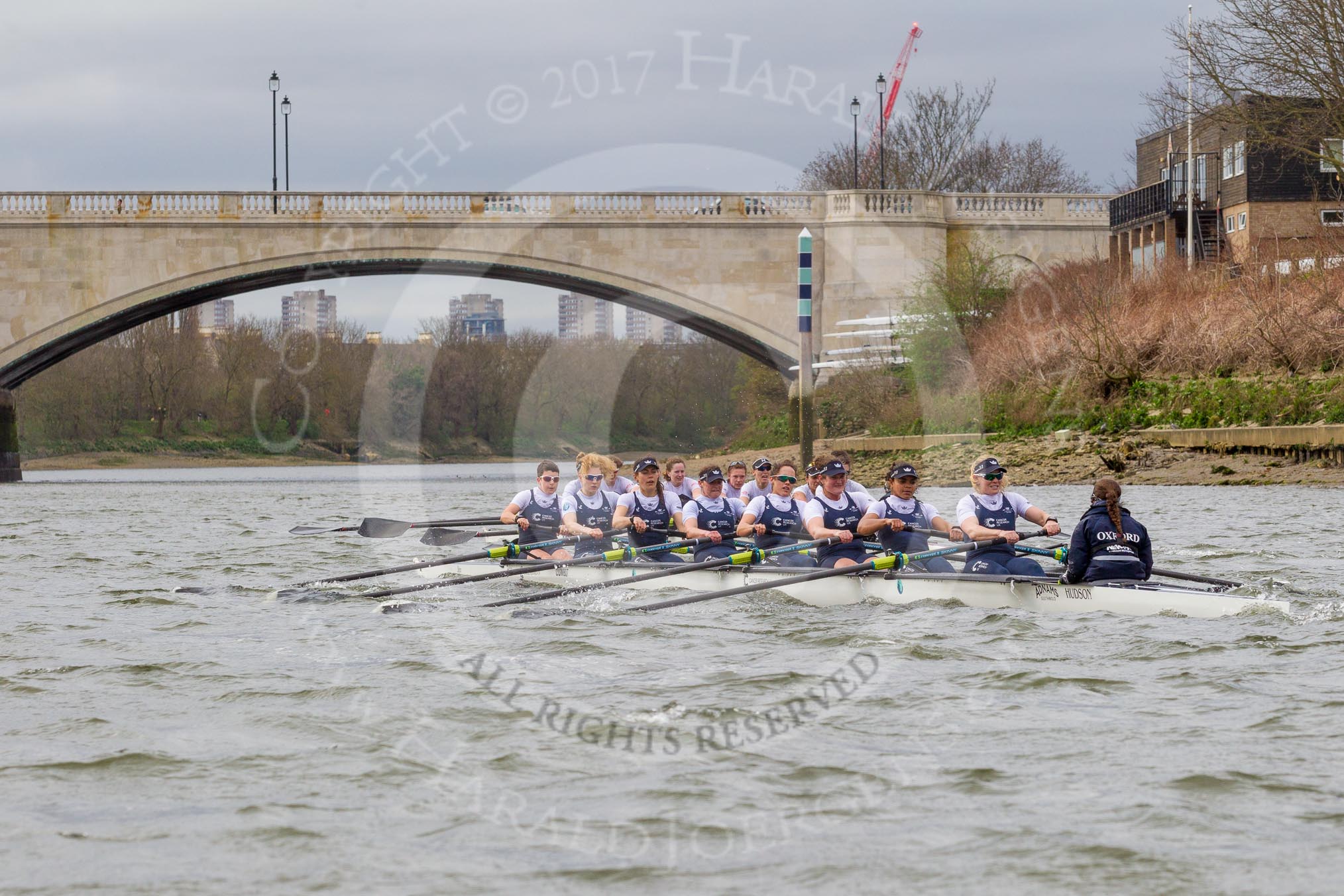 The Cancer Research UK Boat Race season 2017 - Women's Boat Race Fixture OUWBC vs Molesey BC: OUWBC working hard to catch up with Molesey - 3 Rebecca Te Water Naude, 4 Rebecca Esselstein, 5 Chloe Laverack, 6 Harriet Austin, 7 Jenna Hebert, stroke Emily Cameron.
River Thames between Putney Bridge and Mortlake,
London SW15,

United Kingdom,
on 19 March 2017 at 16:25, image #159