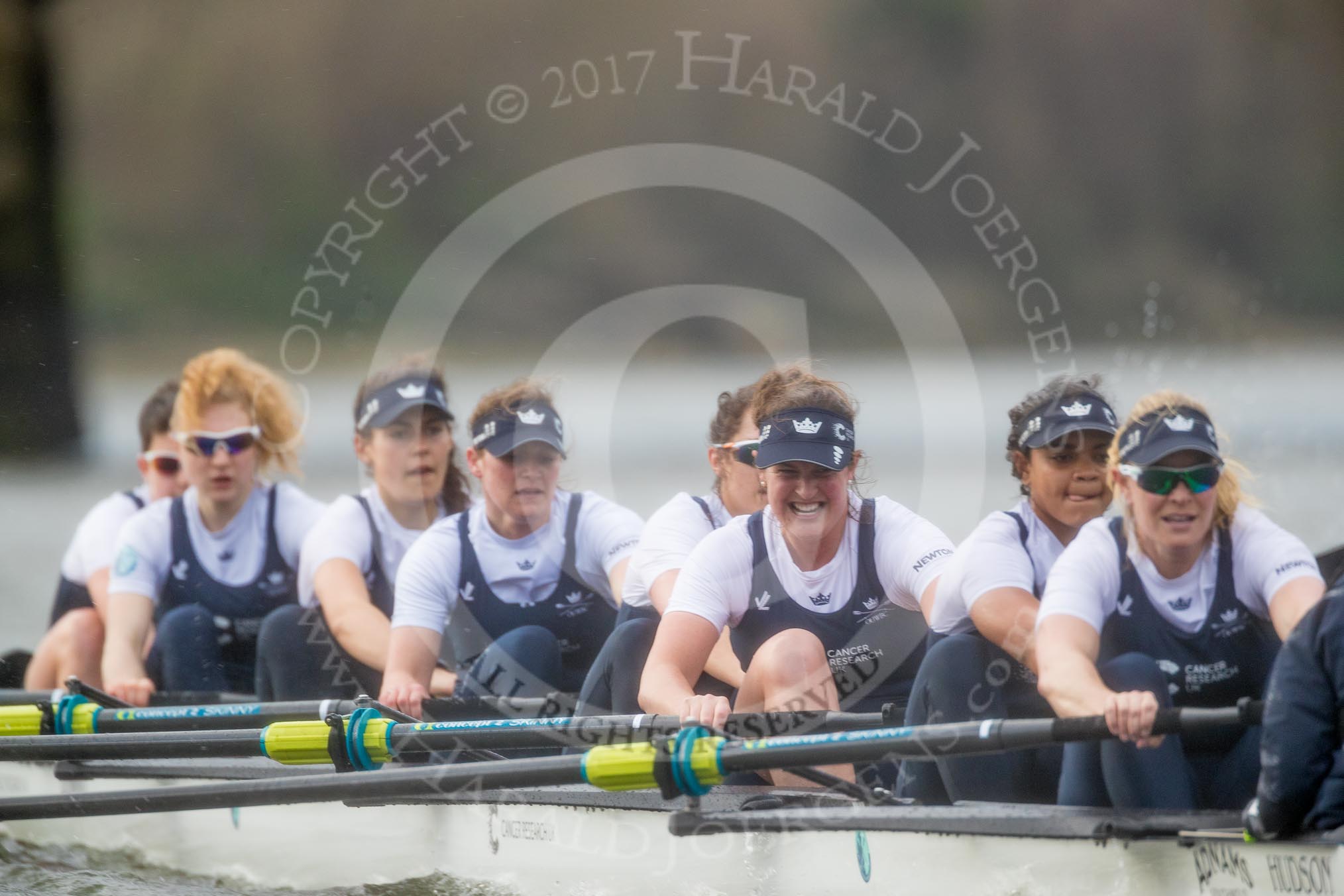 The Cancer Research UK Boat Race season 2017 - Women's Boat Race Fixture OUWBC vs Molesey BC: At the finish line of the second part of the fixture, in the OUWBC boat bow Alice Roberts, 2 Beth Bridgman, 3 Rebecca Te Water Naude, 4 Rebecca Esselstein, 5 Chloe Laverack, 6 Harriet Austin, 7 Jenna Hebert, stroke Emily Cameron, cox Eleanor Shearer.
River Thames between Putney Bridge and Mortlake,
London SW15,

United Kingdom,
on 19 March 2017 at 16:25, image #163