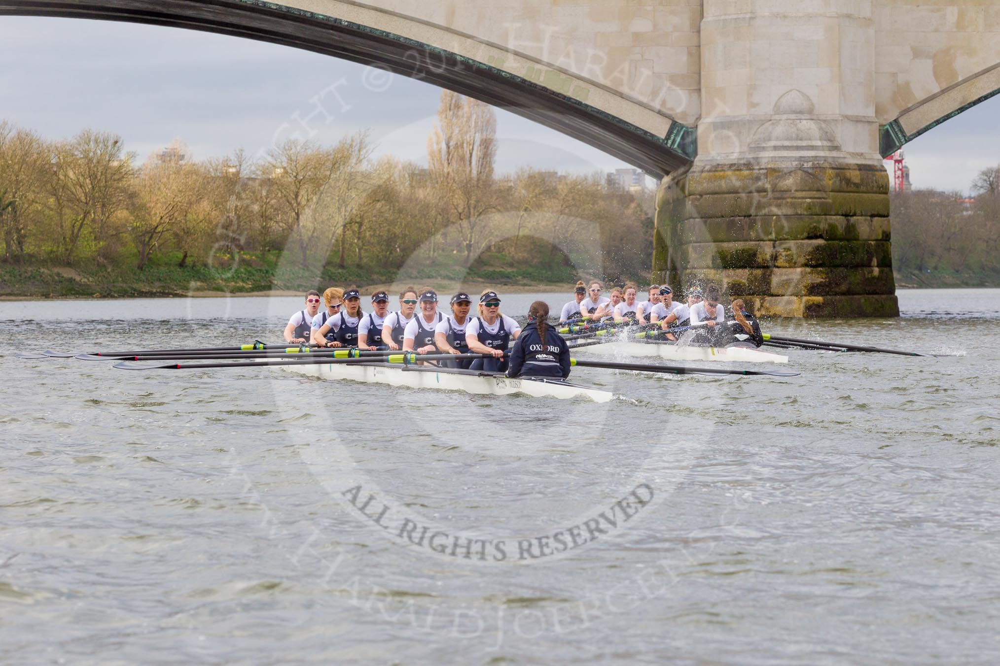 The Cancer Research UK Boat Race season 2017 - Women's Boat Race Fixture OUWBC vs Molesey BC: At the finish line of the second part of the fixture, Molesey is about a length ahead of Oxford.
River Thames between Putney Bridge and Mortlake,
London SW15,

United Kingdom,
on 19 March 2017 at 16:26, image #164