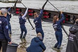 The Cancer Research UK Boat Race season 2017 - Women's Boat Race Fixture OUWBC vs Molesey BC: OUWBC turning their boat around to put it onto the river.
River Thames between Putney Bridge and Mortlake,
London SW15,

United Kingdom,
on 19 March 2017 at 15:17, image #5