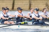 The Cancer Research UK Boat Race season 2017 - Women's Boat Race Fixture OUWBC vs Molesey BC: OUWBC with a lead of around half a length in the milepost area.
River Thames between Putney Bridge and Mortlake,
London SW15,

United Kingdom,
on 19 March 2017 at 16:03, image #68