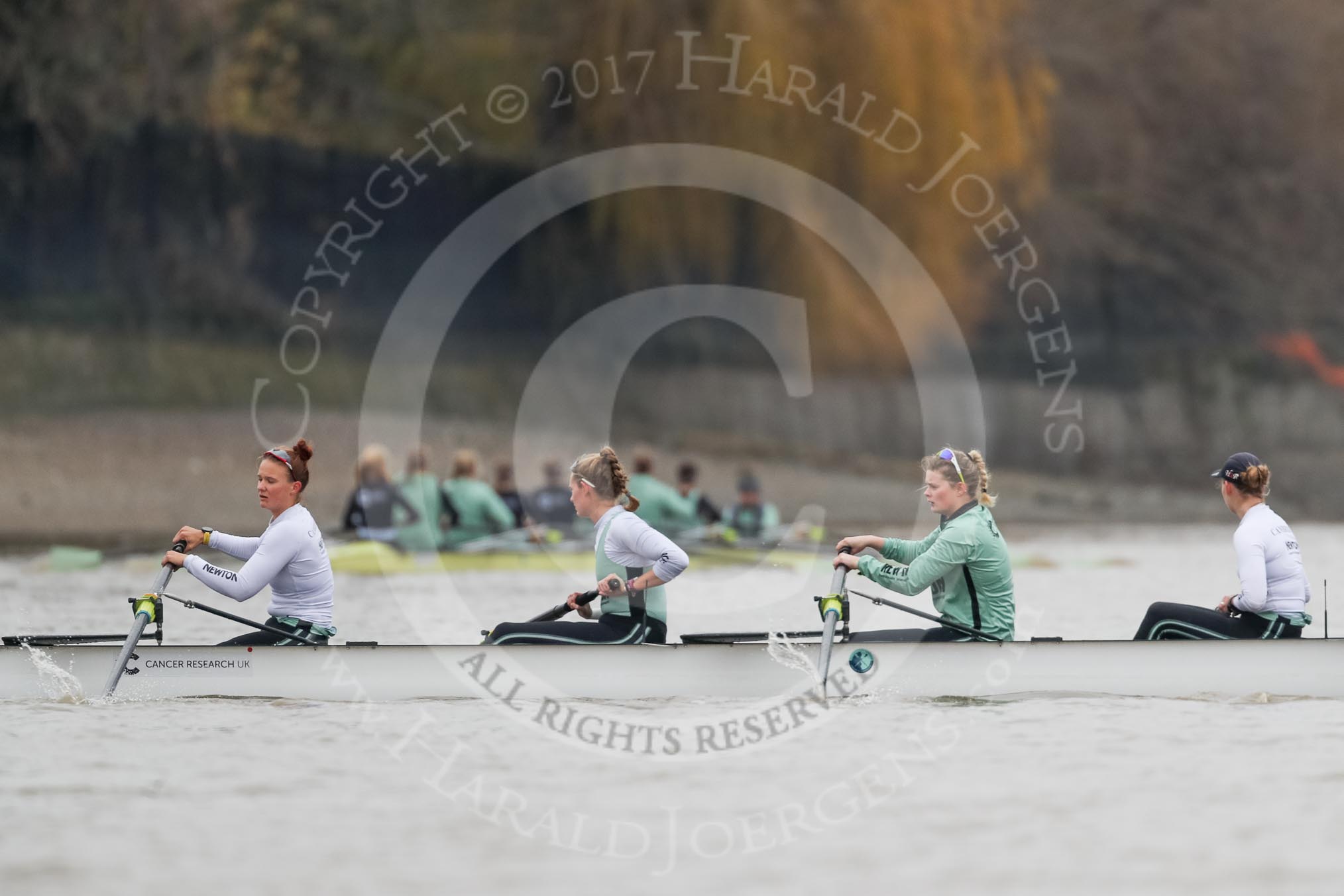 The Boat Race season 2018 - Women's Boat Race Trial Eights (CUWBC, Cambridge): Expecto Patronu, here 5 Kelsey Barolak, 4 Laura Foster, 3 Sally O Brien, 2 Millie Perrin.
River Thames between Putney Bridge and Mortlake,
London SW15,

United Kingdom,
on 05 December 2017 at 12:23, image #26