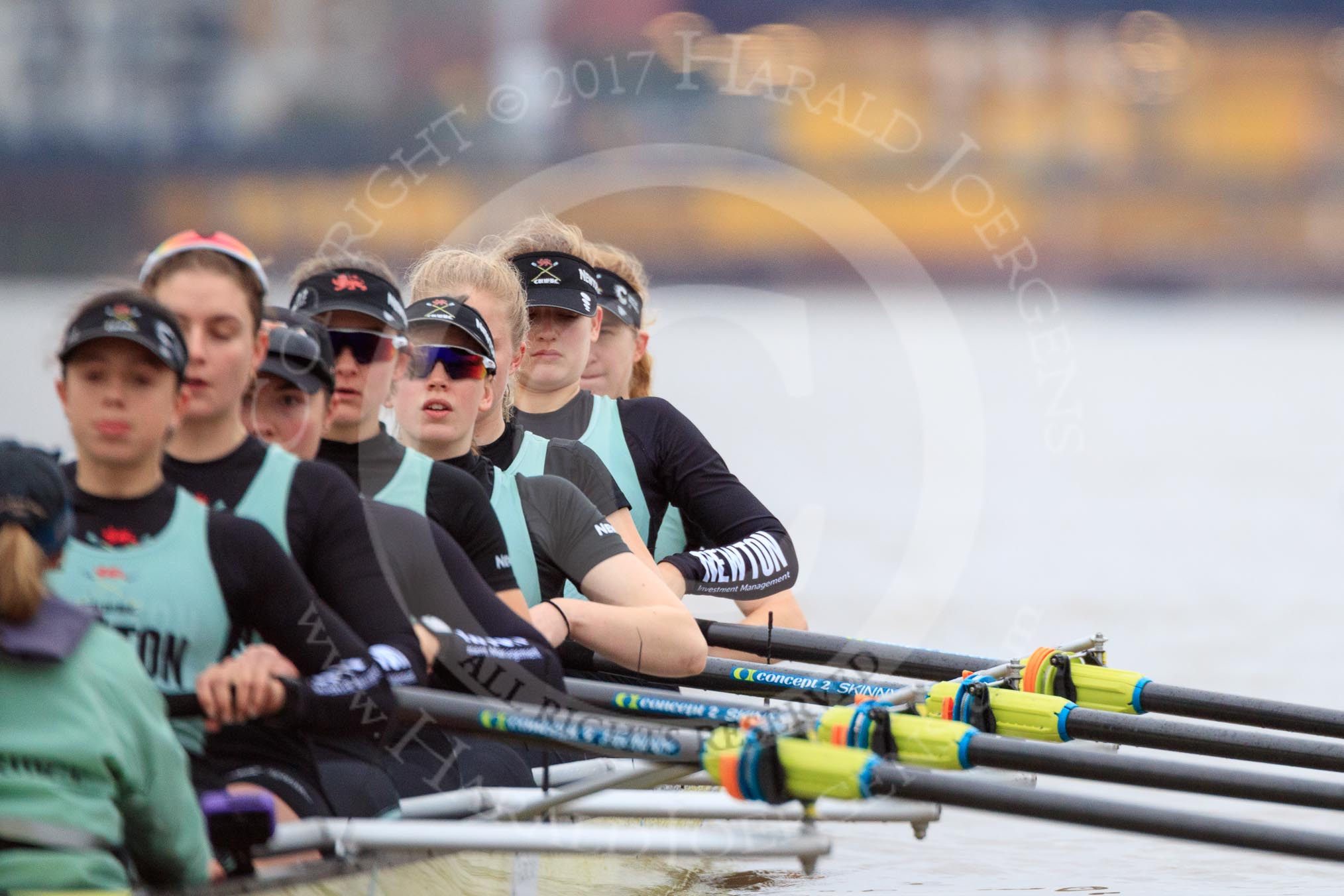 The Boat Race season 2018 - Women's Boat Race Trial Eights (CUWBC, Cambridge): Wingardium Leviosa with Cox-Sophie Wrixon, stroke-Imogen Grant, 7-Myriam Goudet-Boukhatmi, 6-Larkin Sayre, 5-Tricia Smith, 4-Emma Andrews, 3-Pippa Darkin, 2-Sarah Carlotti, bow-Lucy Pike.
River Thames between Putney Bridge and Mortlake,
London SW15,

United Kingdom,
on 05 December 2017 at 12:37, image #37