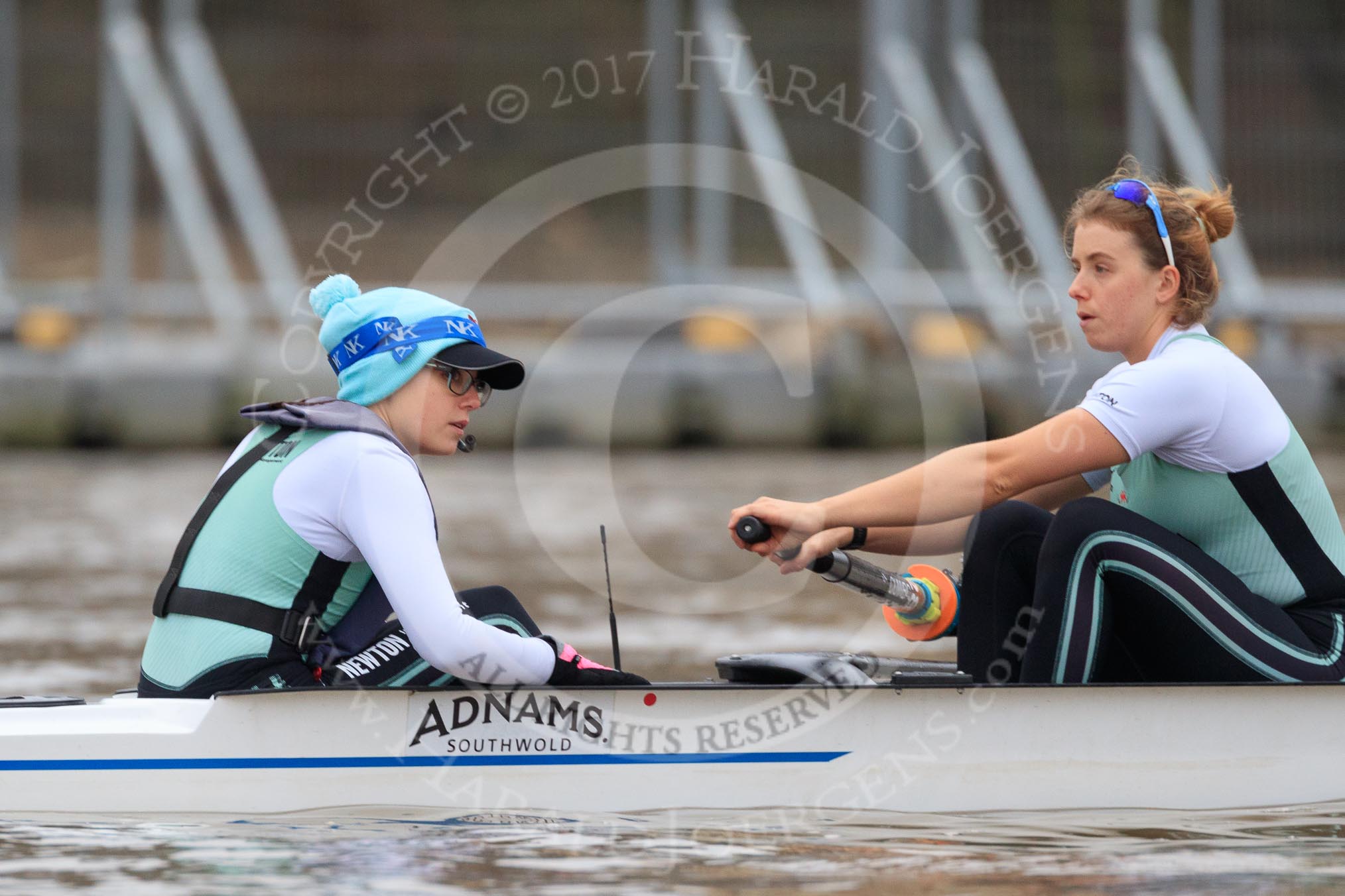The Boat Race season 2018 - Women's Boat Race Trial Eights (CUWBC, Cambridge): Expecto Patronum at the start line, here cox Sophie Shapter, stroke Alice White.
River Thames between Putney Bridge and Mortlake,
London SW15,

United Kingdom,
on 05 December 2017 at 12:43, image #51