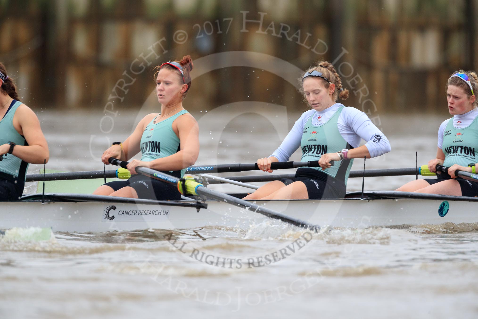 The Boat Race season 2018 - Women's Boat Race Trial Eights (CUWBC, Cambridge): Expecto Patronum after the start of the race, here 6 Thea Zabell, 5 Kelsey Barolak, 4 Laura Foster, 3 Sally O Brien.
River Thames between Putney Bridge and Mortlake,
London SW15,

United Kingdom,
on 05 December 2017 at 12:43, image #57