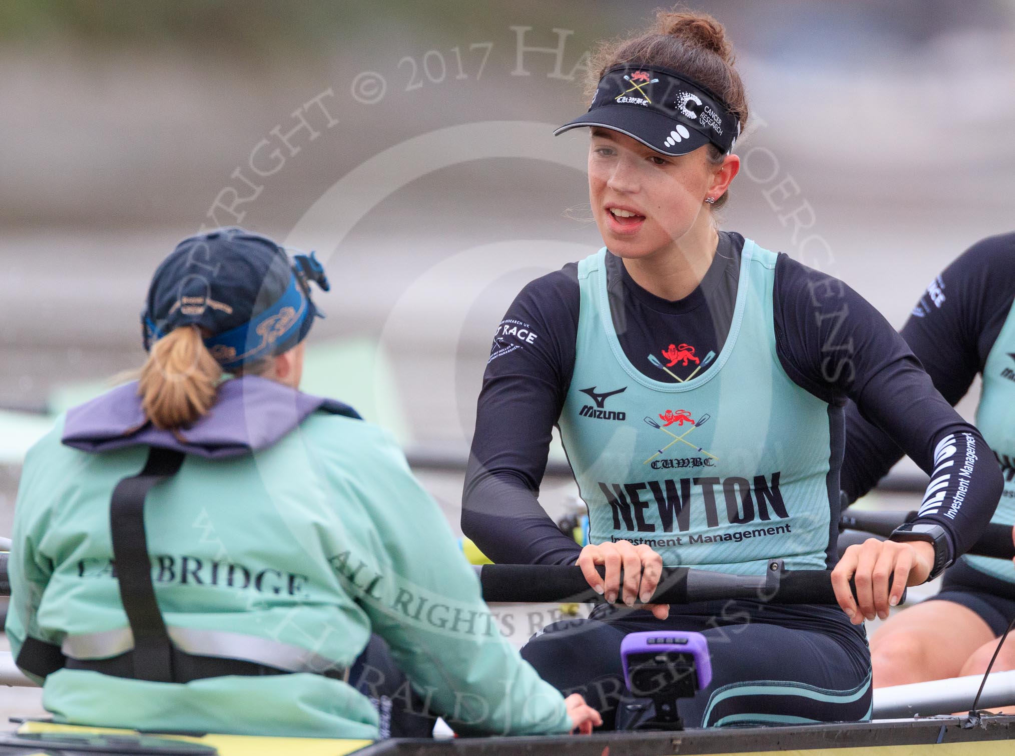 The Boat Race season 2018 - Women's Boat Race Trial Eights (CUWBC, Cambridge): Wingardium Leviosa. Rowing photographs can be misleading, it may look like a chat between cox Sophie Wrixon and stroke Imogen Grant, but it is part of a fierce battle with Expecto Patronum.
River Thames between Putney Bridge and Mortlake,
London SW15,

United Kingdom,
on 05 December 2017 at 12:49, image #102