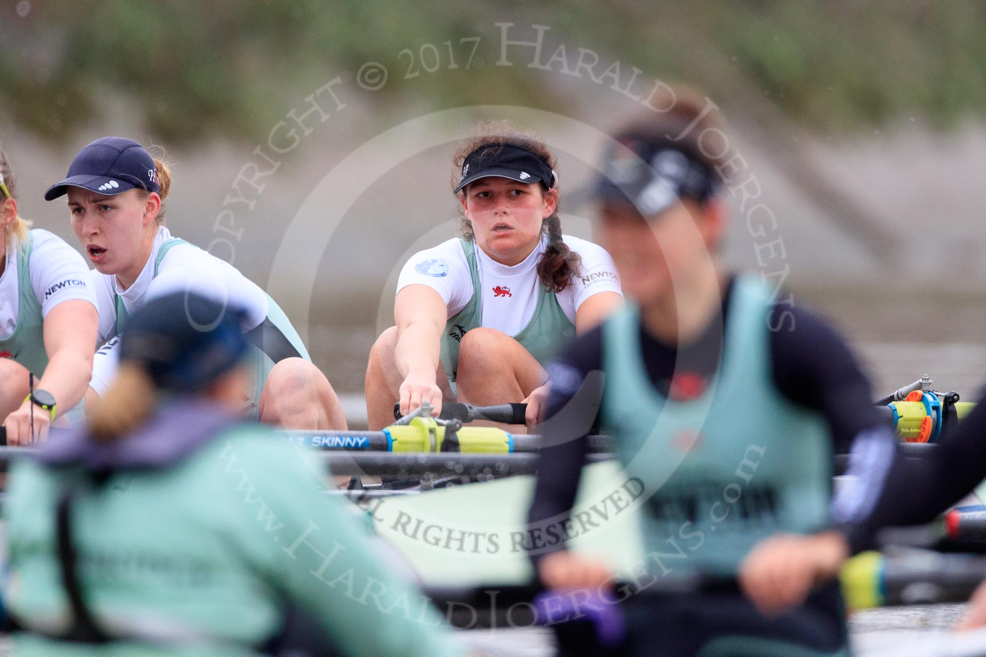 The Boat Race season 2018 - Women's Boat Race Trial Eights (CUWBC, Cambridge): A close fight betwwen the two Cambridge crews, 3 Sally O Brien, 2 Millie Perrin and  bow Eve Caroe in Expecto Patronum , cox Sophie Wrixon and stroke Imogen Grant in Wingardium Leviosa.
River Thames between Putney Bridge and Mortlake,
London SW15,

United Kingdom,
on 05 December 2017 at 12:49, image #105