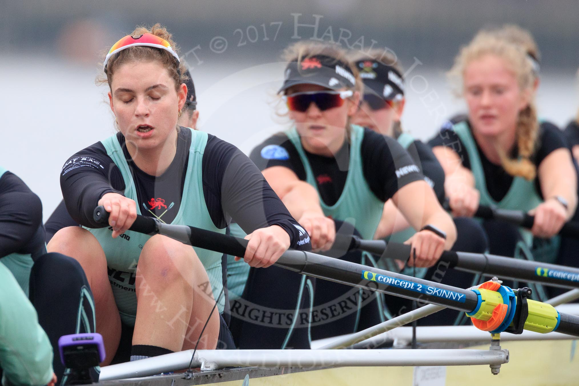 The Boat Race season 2018 - Women's Boat Race Trial Eights (CUWBC, Cambridge): Wingardium Leviosa , here cox-Sophie Wrixon, stroke-Imogen Grant, 7-Myriam Goudet-Boukhatmi, 6-Larkin Sayre, 5-Tricia Smith, 4-Emma Andrews, 3-Pippa Darkin.
River Thames between Putney Bridge and Mortlake,
London SW15,

United Kingdom,
on 05 December 2017 at 12:53, image #128