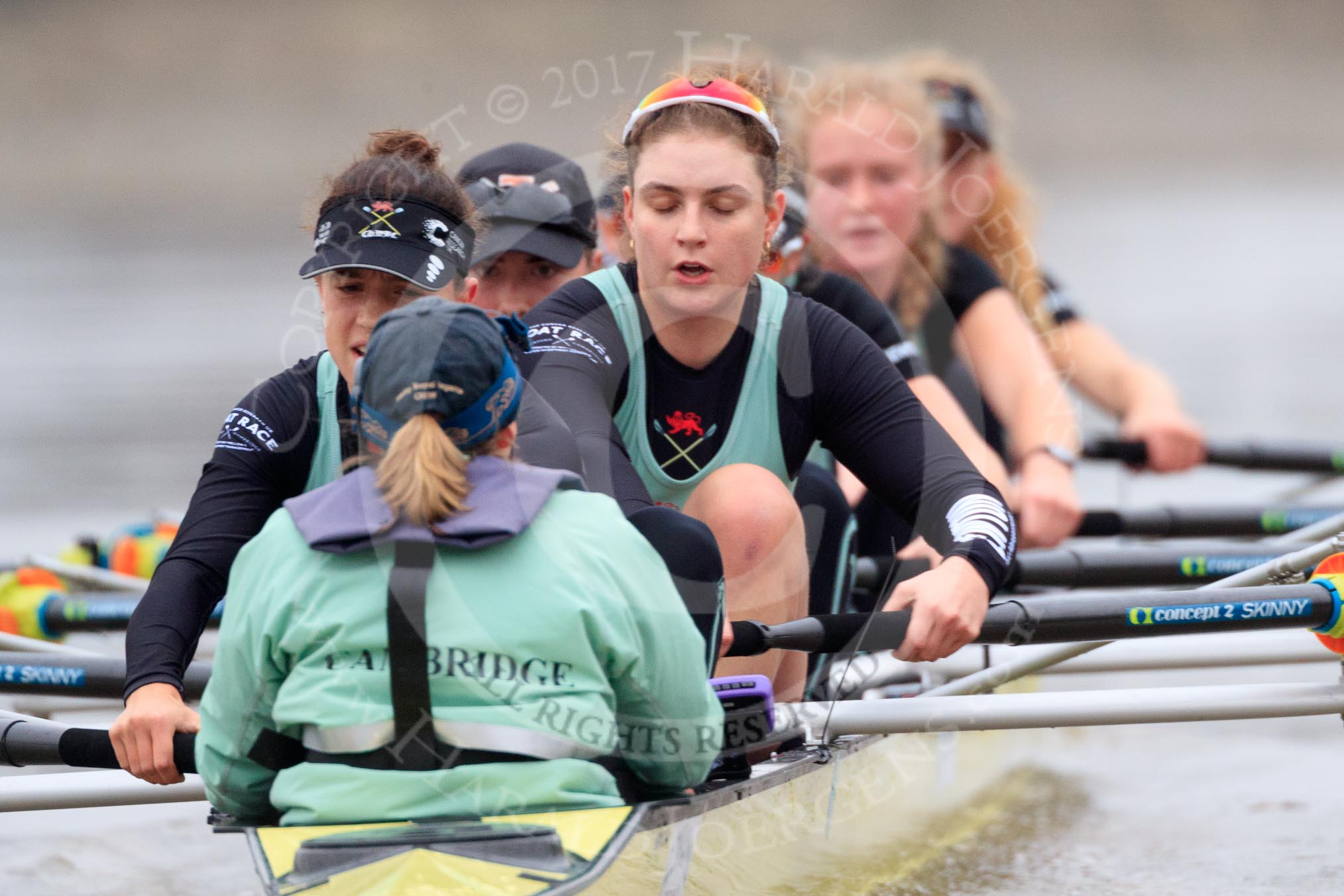 The Boat Race season 2018 - Women's Boat Race Trial Eights (CUWBC, Cambridge): Wingardium Leviosa:  Cox-Sophie Wrixon, stroke-Imogen Grant, 7-Myriam Goudet-Boukhatmi, 6-Larkin Sayre, 5-Tricia Smith, 4-Emma Andrews, 3-Pippa Darkin, 2-Sarah Carlotti, bow-Lucy Pike.
River Thames between Putney Bridge and Mortlake,
London SW15,

United Kingdom,
on 05 December 2017 at 12:57, image #149