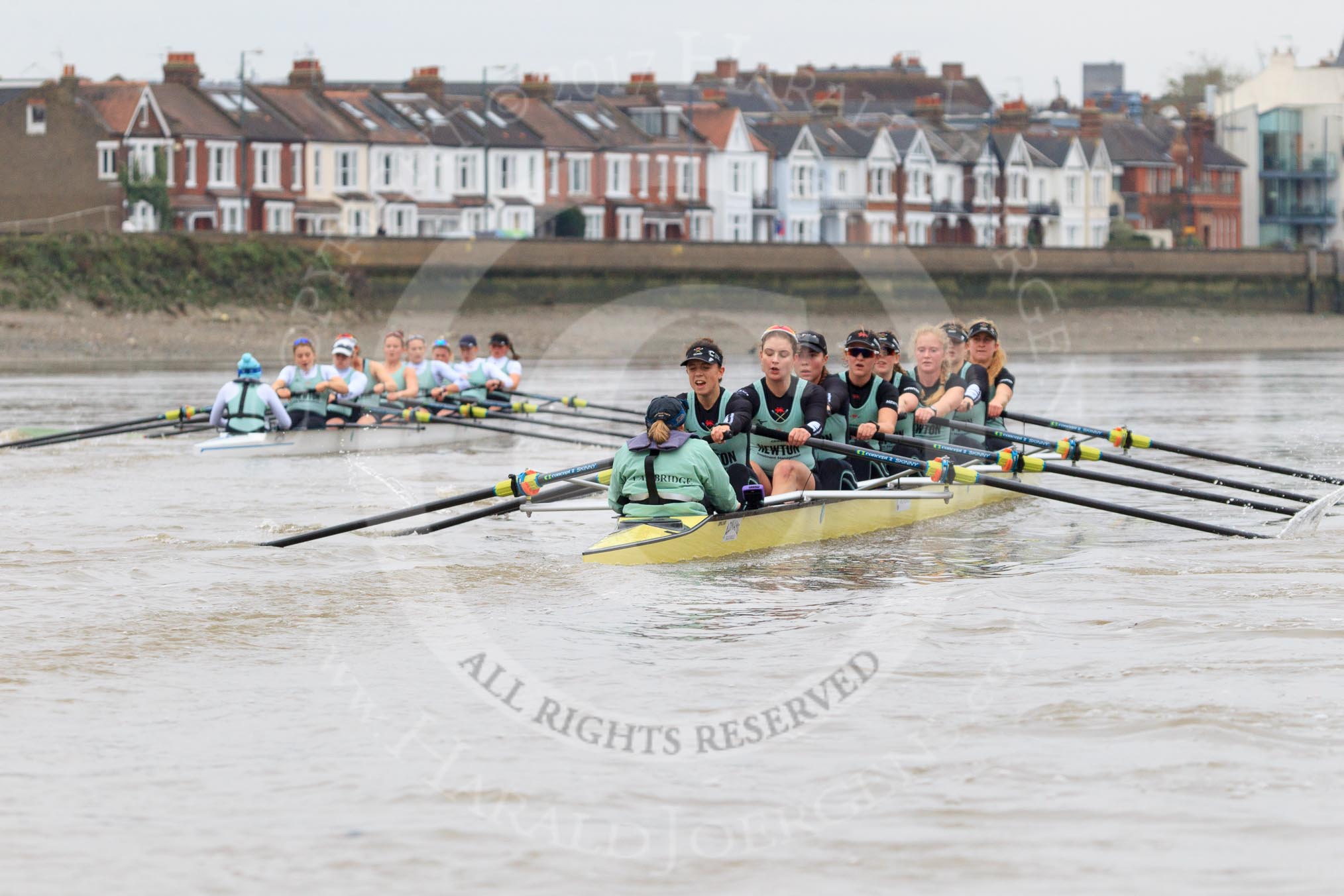 The Boat Race season 2018 - Women's Boat Race Trial Eights (CUWBC, Cambridge): Expecto Patronum leading on the approach to the bandstand.
River Thames between Putney Bridge and Mortlake,
London SW15,

United Kingdom,
on 05 December 2017 at 12:57, image #147