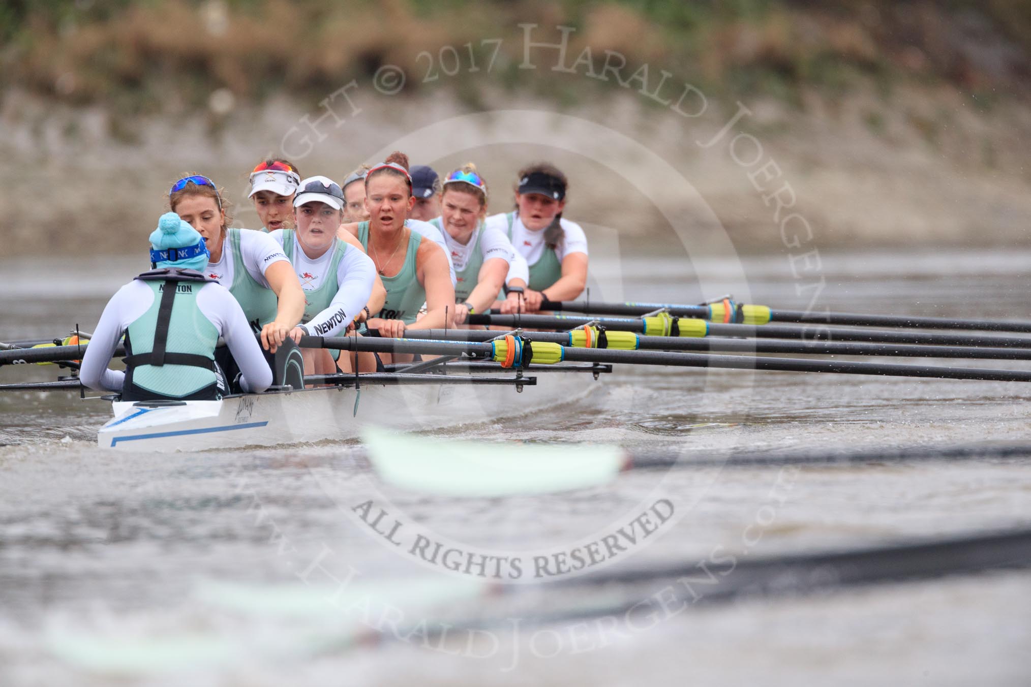 The Boat Race season 2018 - Women's Boat Race Trial Eights (CUWBC, Cambridge): Expecto Patronum:  Cox-Sophie Shapter, stroke-Alice White,  7-Abigail Parker, 6-Thea Zabell, 5-Kelsey Barolak, 4-Laura Foster, 3-Sally O Brien, 2-Millie Perrin, bow-Eve Caroe.
River Thames between Putney Bridge and Mortlake,
London SW15,

United Kingdom,
on 05 December 2017 at 12:58, image #158