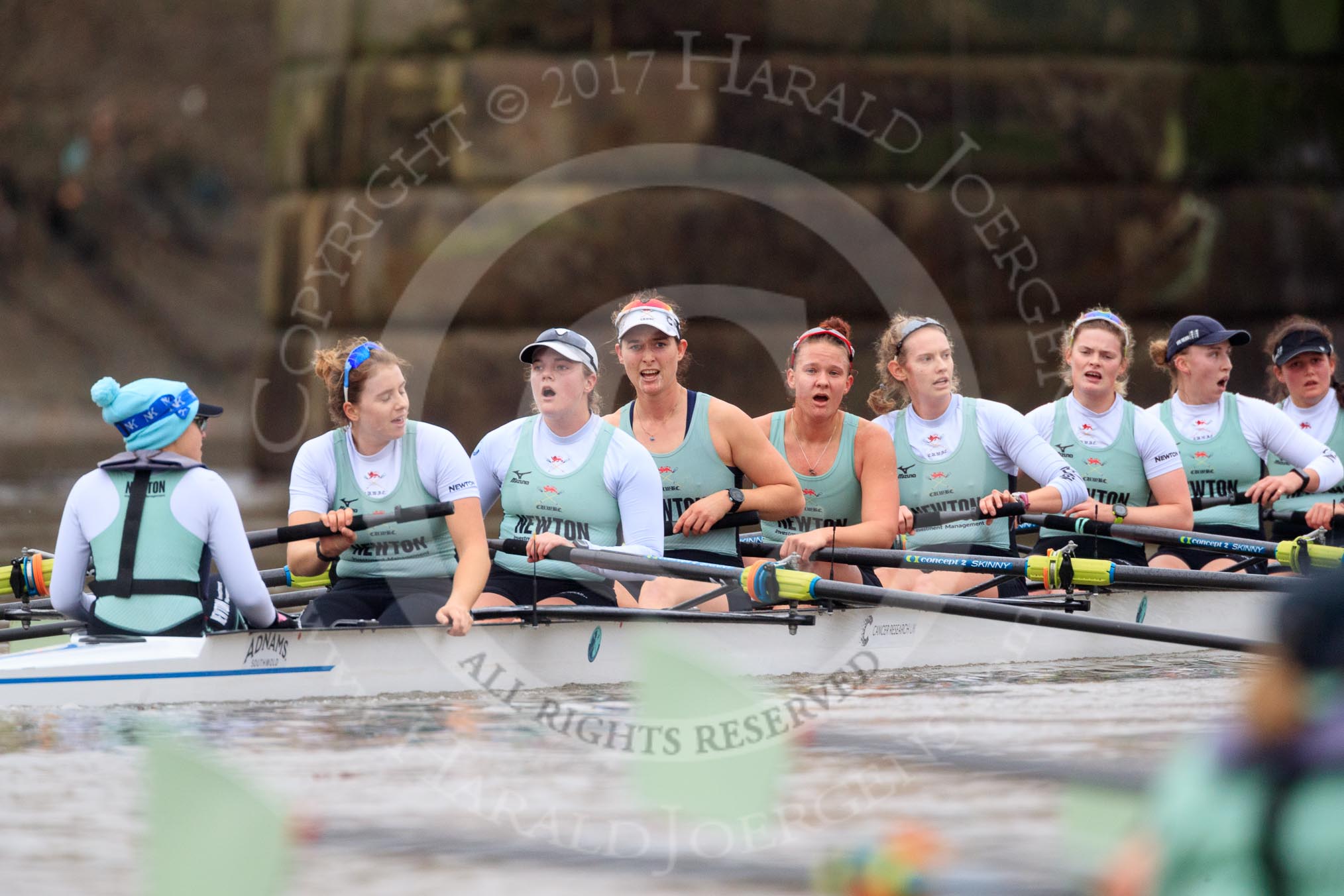 The Boat Race season 2018 - Women's Boat Race Trial Eights (CUWBC, Cambridge): Expecto Patronum:  Cox-Sophie Shapter, stroke-Alice White,  7-Abigail Parker, 6-Thea Zabell, 5-Kelsey Barolak, 4-Laura Foster, 3-Sally O Brien, 2-Millie Perrin, bow-Eve Caroe.
River Thames between Putney Bridge and Mortlake,
London SW15,

United Kingdom,
on 05 December 2017 at 13:02, image #173