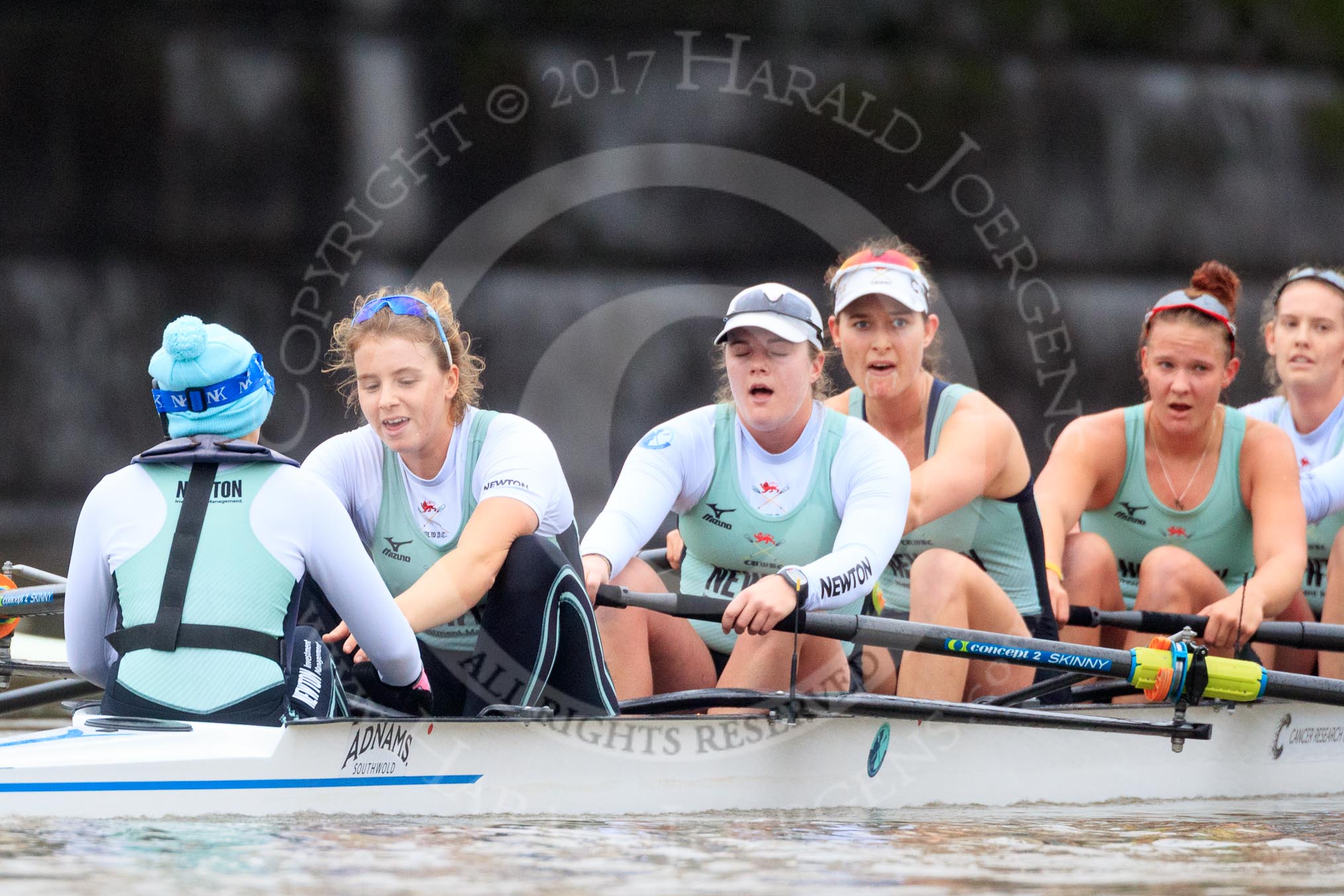 The Boat Race season 2018 - Women's Boat Race Trial Eights (CUWBC, Cambridge): Expecto Patronum just after crossing the finish line, and winning by two length: Cox-Sophie Shapter, stroke-Alice White,  7-Abigail Parker, 6-Thea Zabell, 5-Kelsey Barolak, 4-Laura Foster, 3-Sally O Brien.
River Thames between Putney Bridge and Mortlake,
London SW15,

United Kingdom,
on 05 December 2017 at 13:02, image #176