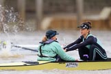 The Boat Race season 2018 - Women's Boat Race Trial Eights (CUWBC, Cambridge): Wingardium Leviosa  after the start of the race, here cox Sophie Wrixon, strok -Imogen Grant.
River Thames between Putney Bridge and Mortlake,
London SW15,

United Kingdom,
on 05 December 2017 at 12:43, image #55