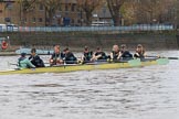 The Boat Race season 2018 - Women's Boat Race Trial Eights (CUWBC, Cambridge): The leading Wingardium Leviosa near the Putney boathouses, with Cox-Sophie Wrixon, stroke-Imogen Grant, 7-Myriam Goudet-Boukhatmi, 6-Larkin Sayre, 5-Tricia Smith, 4-Emma Andrews, 3-Pippa Darkin, 2-Sarah Carlotti, bow-Lucy Pike.
River Thames between Putney Bridge and Mortlake,
London SW15,

United Kingdom,
on 05 December 2017 at 12:44, image #69
