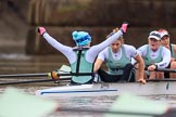 The Boat Race season 2018 - Women's Boat Race Trial Eights (CUWBC, Cambridge): Expecto Patronum just after crossing the finish line, and winning by two length: Cox Sophie Shapter, stroke Alice White,  7 Abigail Parker, 6 Thea Zabell.
River Thames between Putney Bridge and Mortlake,
London SW15,

United Kingdom,
on 05 December 2017 at 13:02, image #174