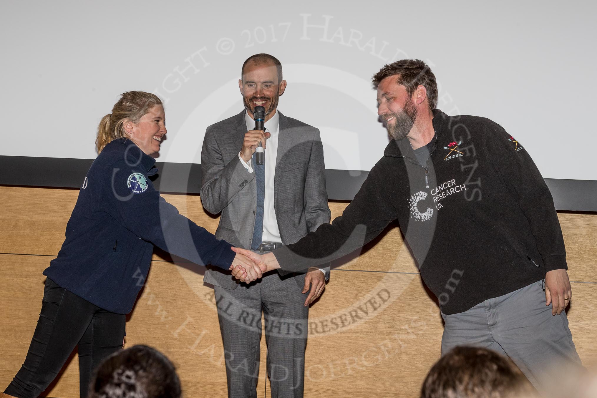 The Boat Race season 2017 - Crew Announcement and Weigh-In: BBC Sport commentator Andrew Cotter with the Head Coaches Ali Williams (OUWBC) and Rob Baker (CUWBC).
The Francis Crick Institute,
London NW1,

United Kingdom,
on 14 March 2017 at 11:31, image #65