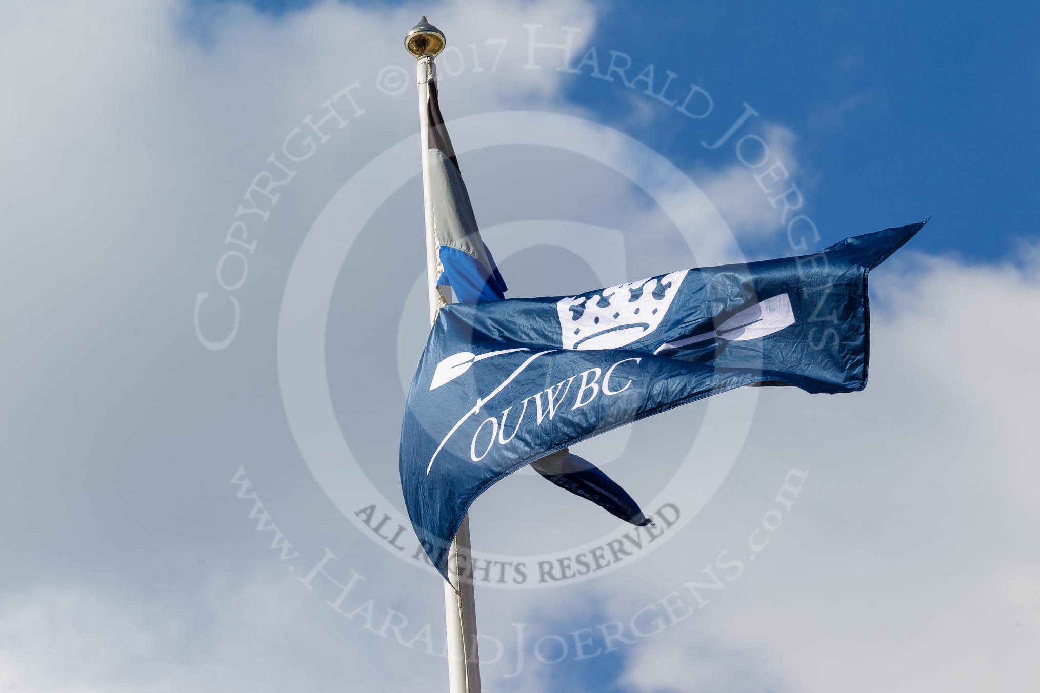 The Boat Race season 2017 -  The Cancer Research Women's Boat Race: The OUWBC flag flying high above the boat house used by the Oxford squad.
River Thames between Putney Bridge and Mortlake,
London SW15,

United Kingdom,
on 02 April 2017 at 14:19, image #14