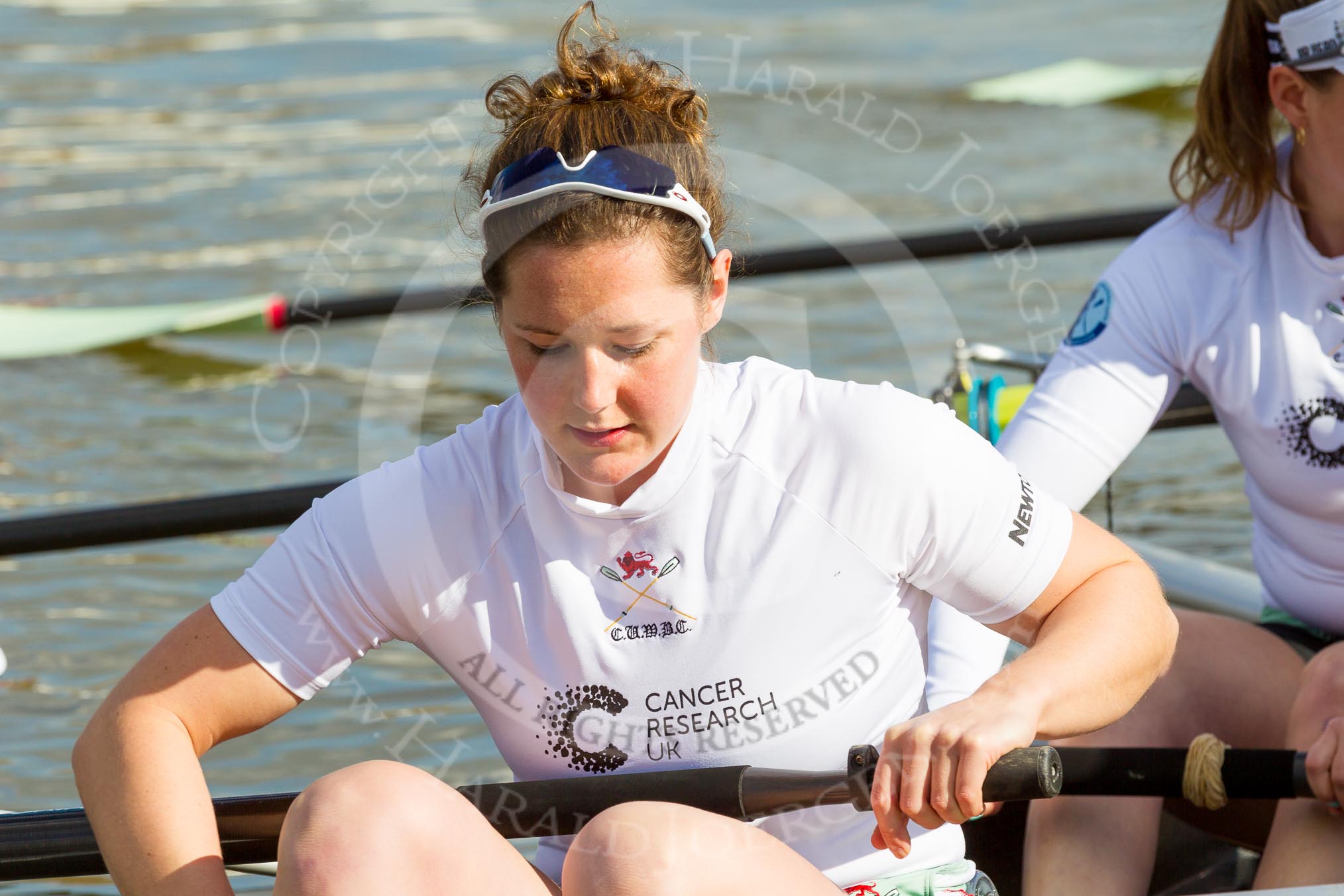 The Boat Race season 2017 -  The Cancer Research Women's Boat Race: CUWBC about to set off at Putney Embankment, here stroke Melissa Wilson.
River Thames between Putney Bridge and Mortlake,
London SW15,

United Kingdom,
on 02 April 2017 at 15:49, image #69