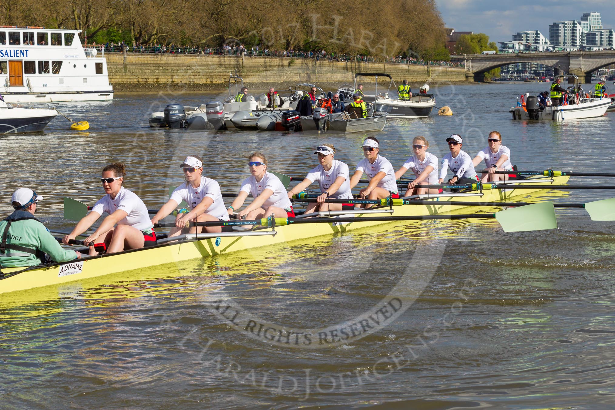 The Boat Race season 2017 -  The Cancer Research Women's Boat Race: CUWBC on the way to Putney Bridge before the start of the Women's Boat Race, cox Matthew Holland, stroke Melissa Wilson, 7 Myriam Goudet, 6 Alice White, 5 Holly Hill, 4 Anna Dawson, 3 Claire Lambe, 2 Imogen Grant, bow Ashton Brown.
River Thames between Putney Bridge and Mortlake,
London SW15,

United Kingdom,
on 02 April 2017 at 15:50, image #76