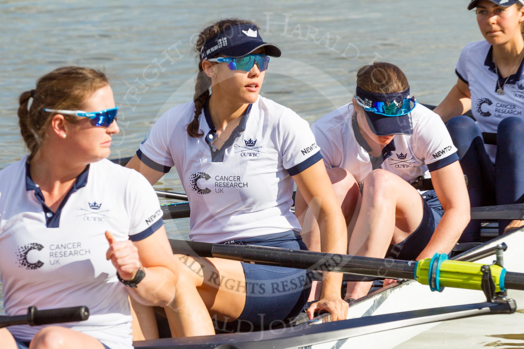 The Boat Race season 2017 -  The Cancer Research Women's Boat Race: OUWBC getting ready to set off, here  6 Harriet Austin, 5 Chloe Laverack, 4 Rebecca Esselstein, 3 Rebecca Te Water Naudé.
River Thames between Putney Bridge and Mortlake,
London SW15,

United Kingdom,
on 02 April 2017 at 15:51, image #84