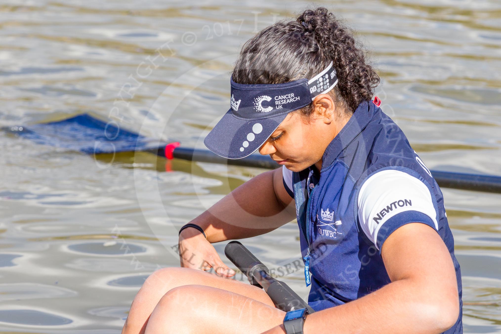 The Boat Race season 2017 -  The Cancer Research Women's Boat Race: OUWBC getting ready to set off, here 7 Jenna Hebert.
River Thames between Putney Bridge and Mortlake,
London SW15,

United Kingdom,
on 02 April 2017 at 15:52, image #88