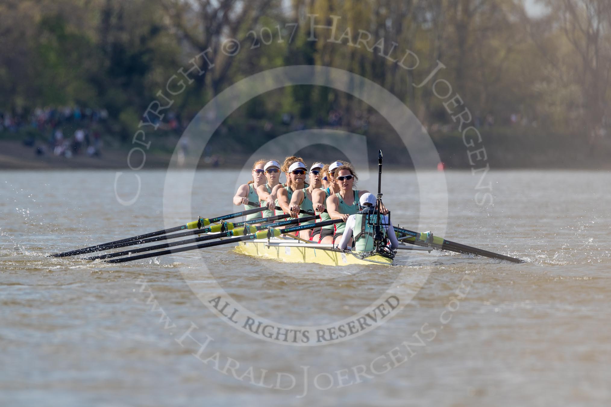 The Boat Race season 2017 -  The Cancer Research Women's Boat Race: Cambridge leading comfortably in the spring sunshine - Bow Ashton Brown, 2 Imogen Grant, 3 Claire Lambe, 4 Anna Dawson, 5 Holly Hill, 6 Alice White, 7 Myriam Goudet, stroke Melissa Wilson, cox Matthew Holland.
River Thames between Putney Bridge and Mortlake,
London SW15,

United Kingdom,
on 02 April 2017 at 16:35, image #129